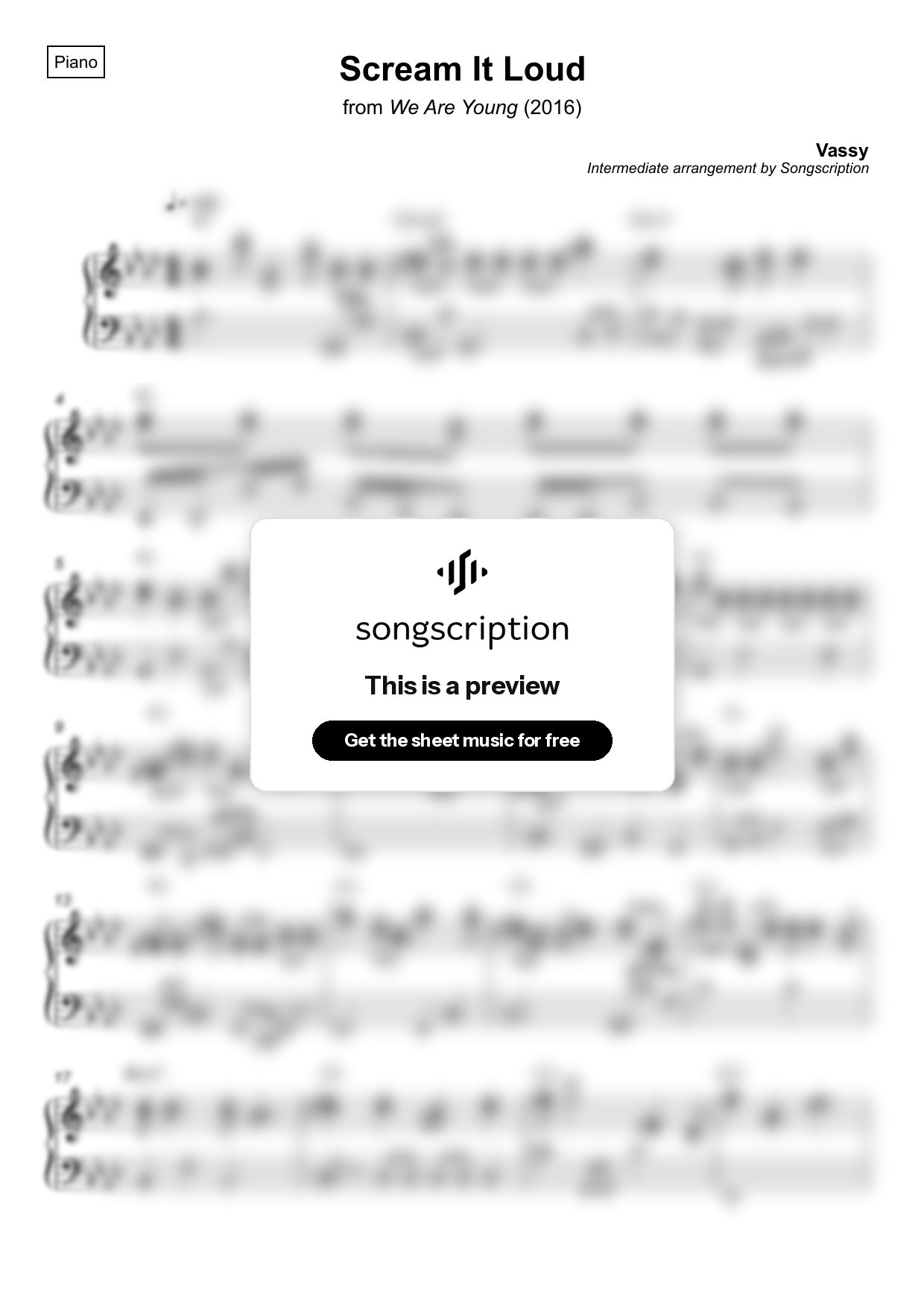 Intermediate Piano Sheet Music for "Scream It Loud" by Vassy