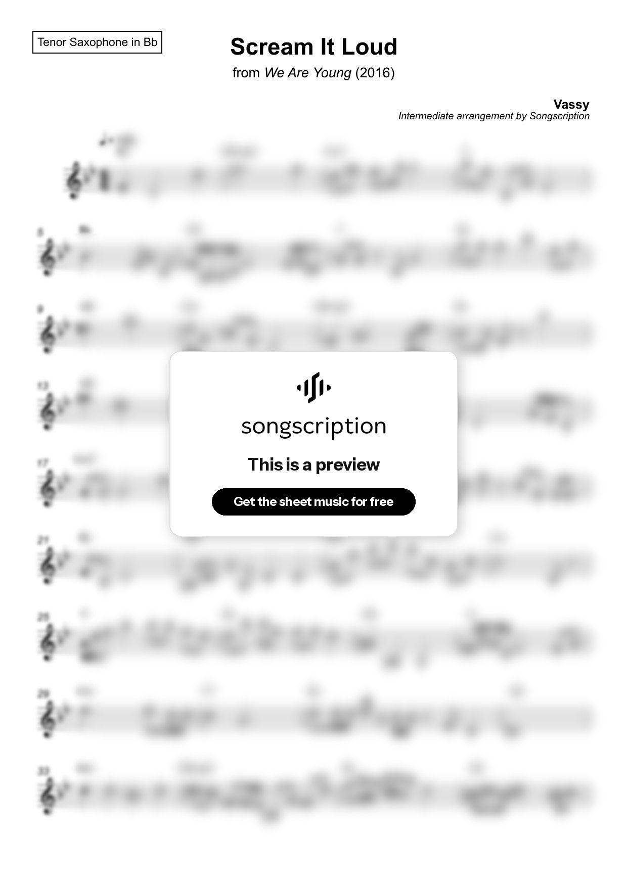 Intermediate Tenor Sax Sheet Music for "Scream It Loud" by Vassy