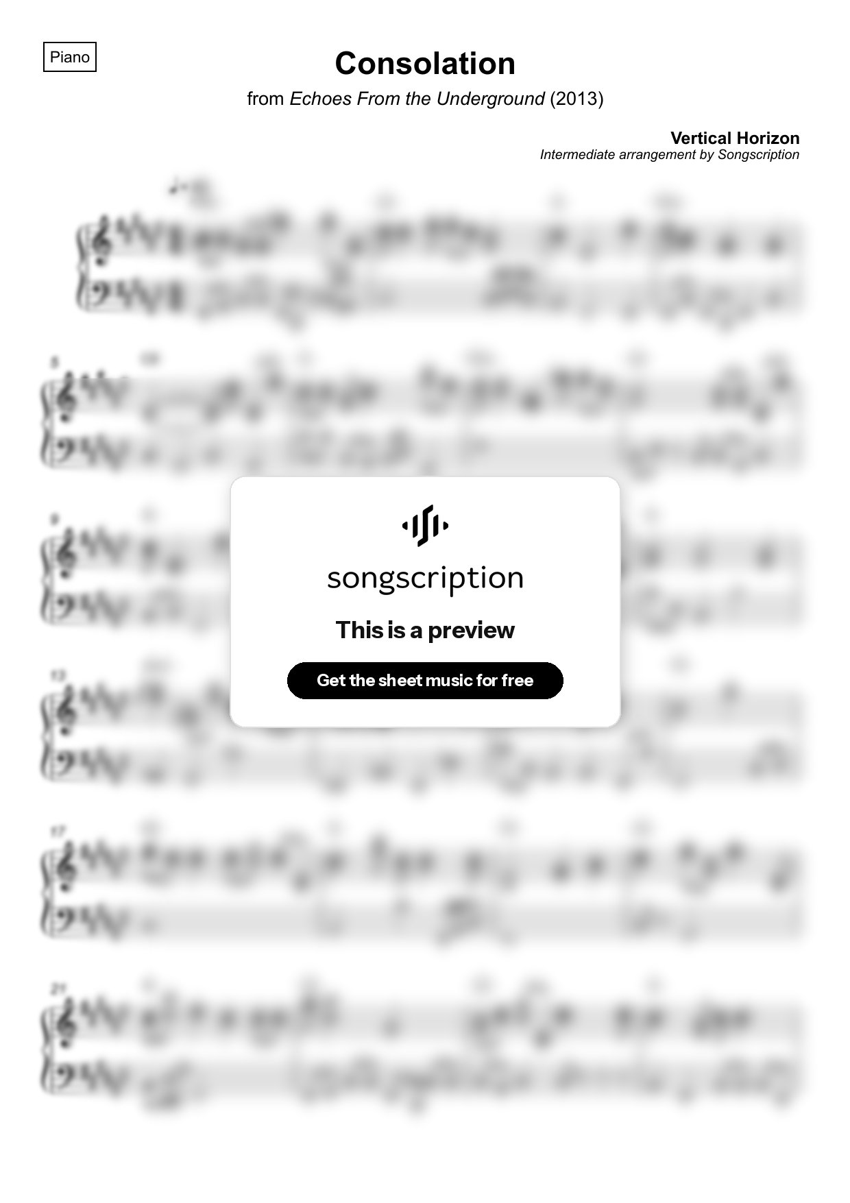 Intermediate Piano Sheet Music for "Consolation" by Vertical Horizon