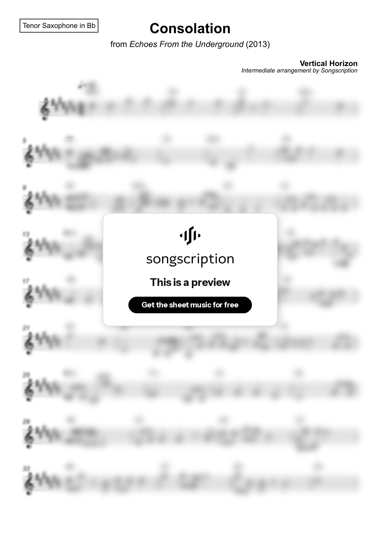 Intermediate Tenor Sax Sheet Music for "Consolation" by Vertical Horizon