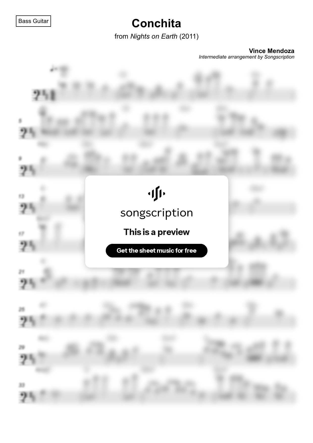 Intermediate Bass Guitar Sheet Music for "Conchita" by Vince Mendoza