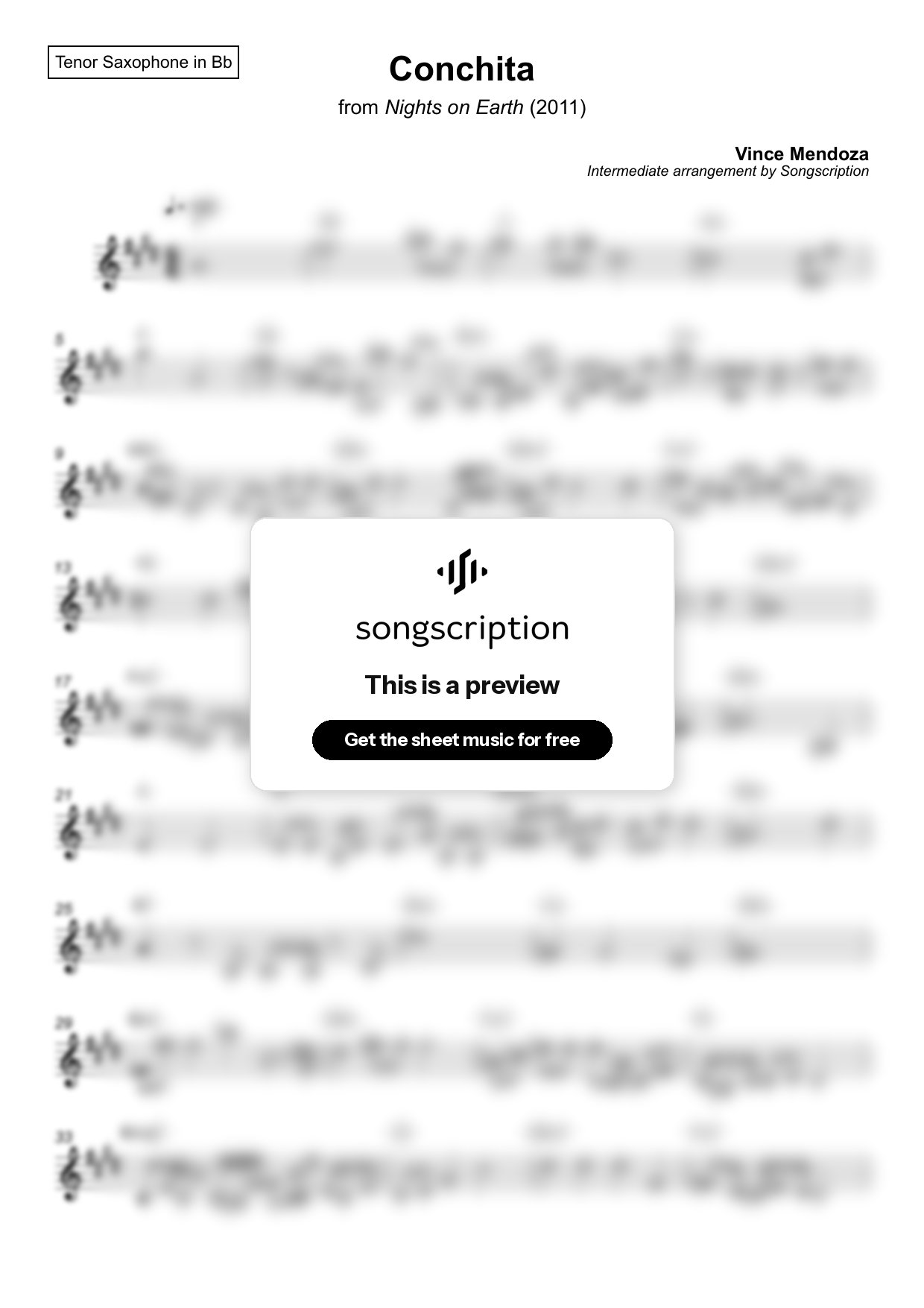 Intermediate Tenor Sax Sheet Music for "Conchita" by Vince Mendoza