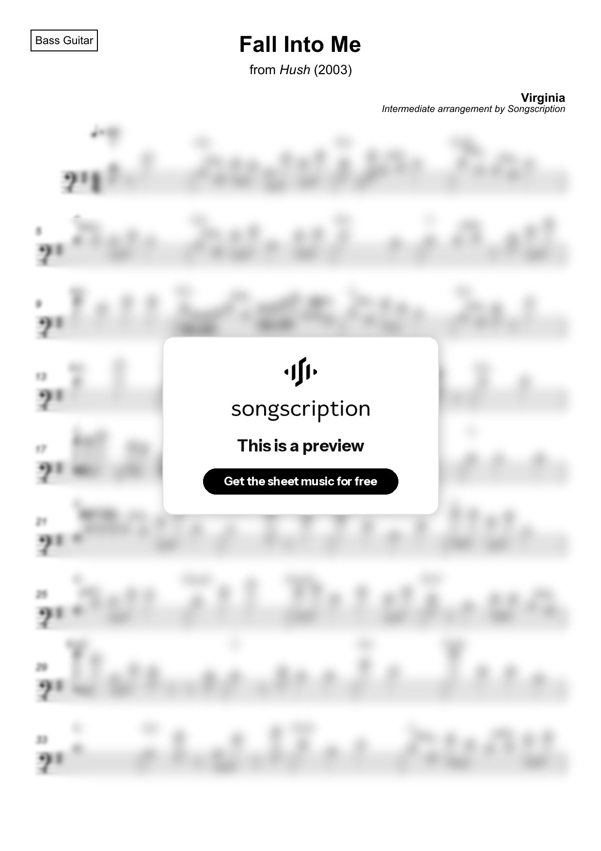 Intermediate Bass Guitar Sheet Music for "Fall Into Me" by Virginia
