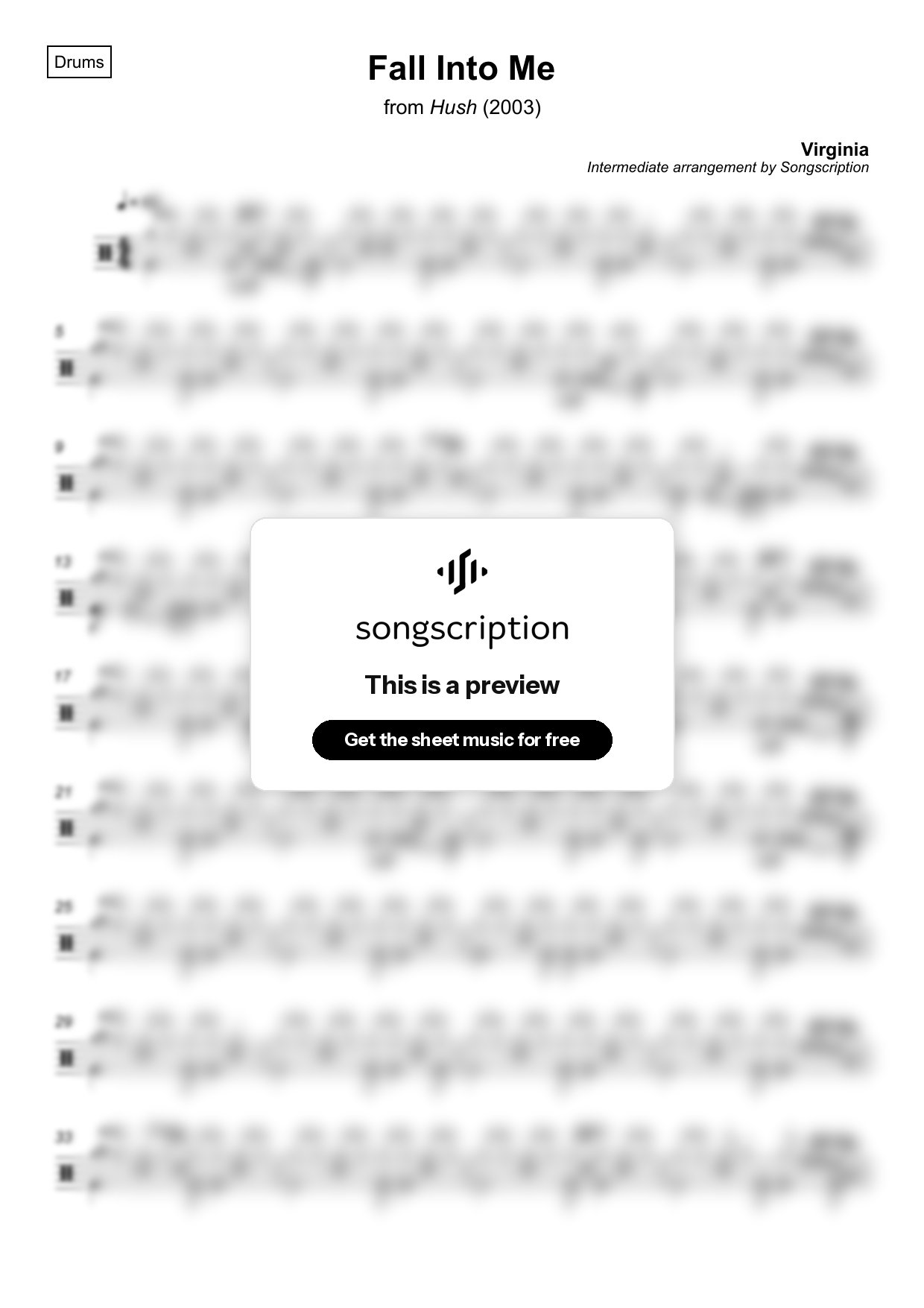 Intermediate Drums Sheet Music for "Fall Into Me" by Virginia