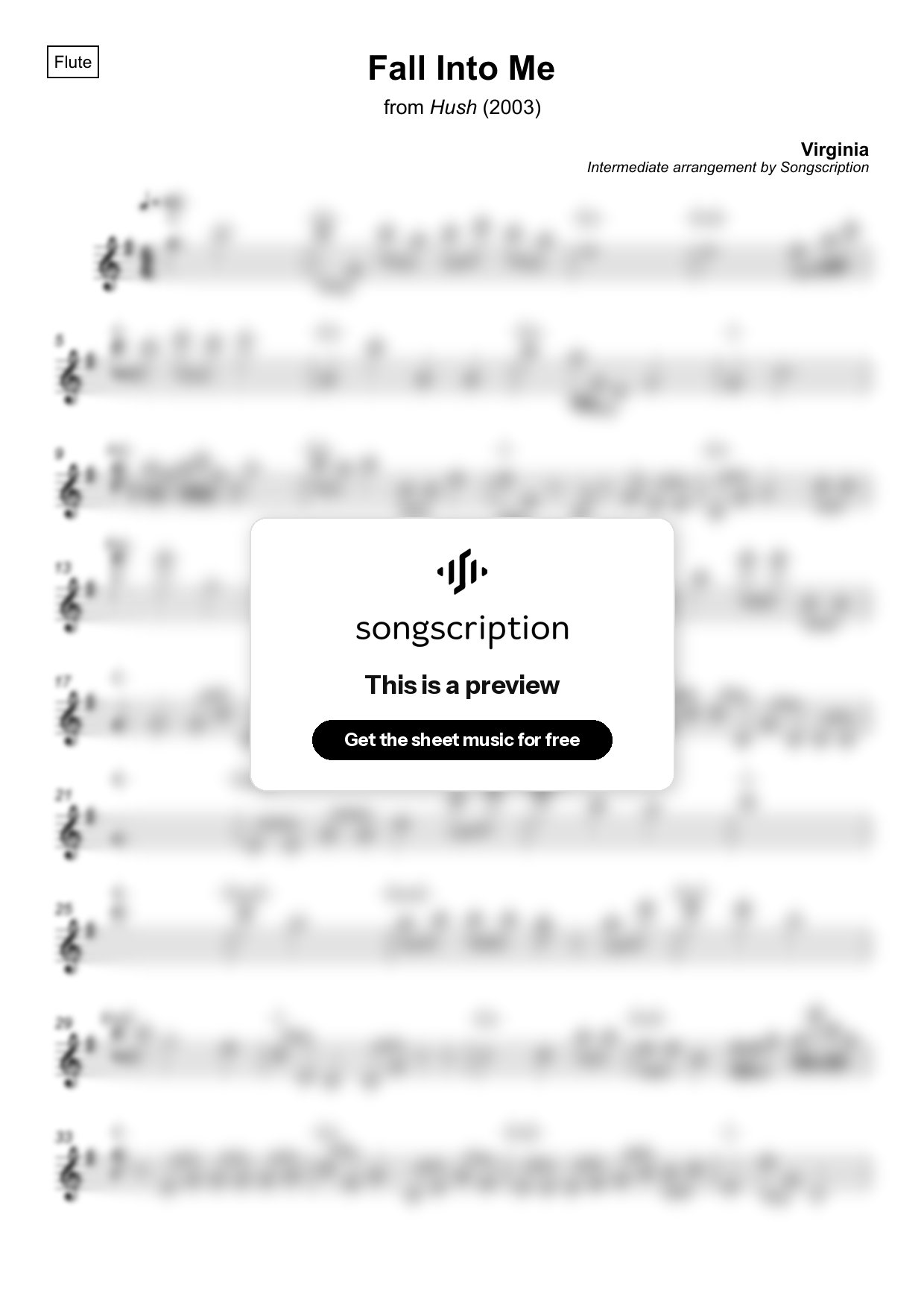 Intermediate Flute Sheet Music for "Fall Into Me" by Virginia