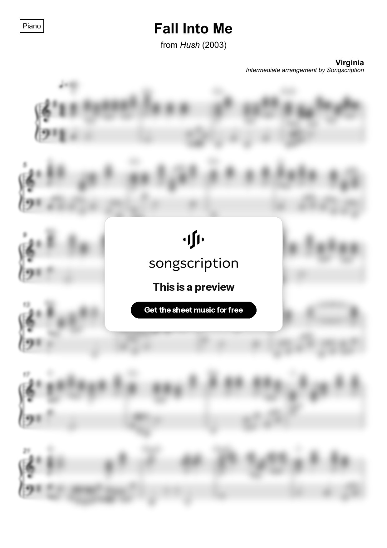 Intermediate Piano Sheet Music for "Fall Into Me" by Virginia
