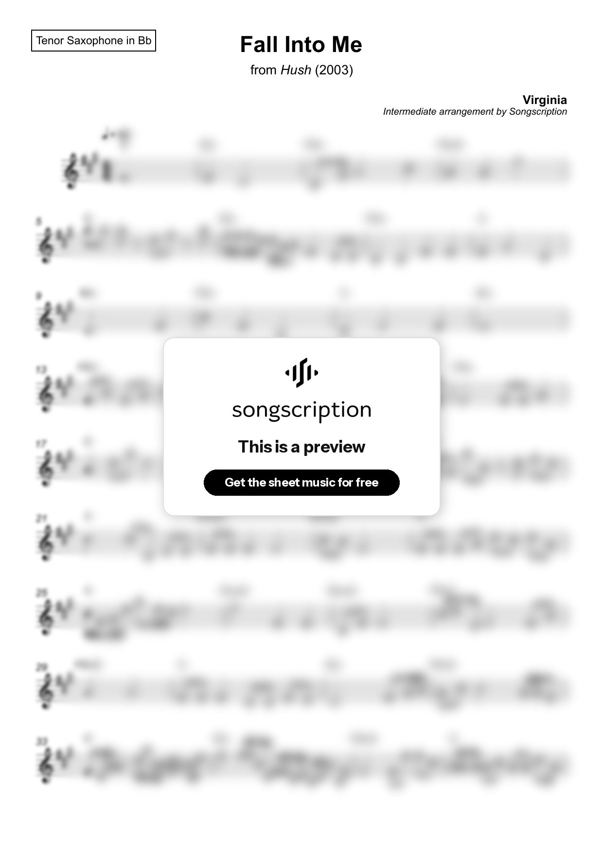 Intermediate Tenor Sax Sheet Music for "Fall Into Me" by Virginia