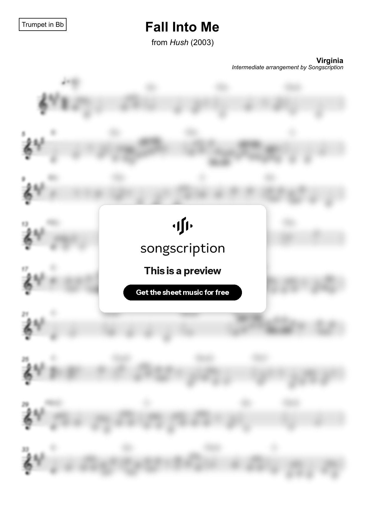 Intermediate Trumpet Sheet Music for "Fall Into Me" by Virginia