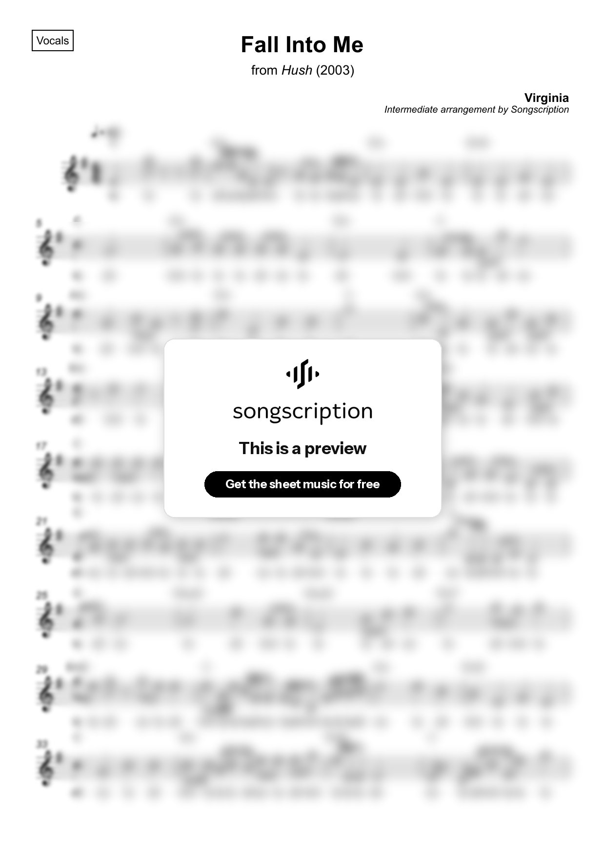 Intermediate Vocals Sheet Music for "Fall Into Me" by Virginia