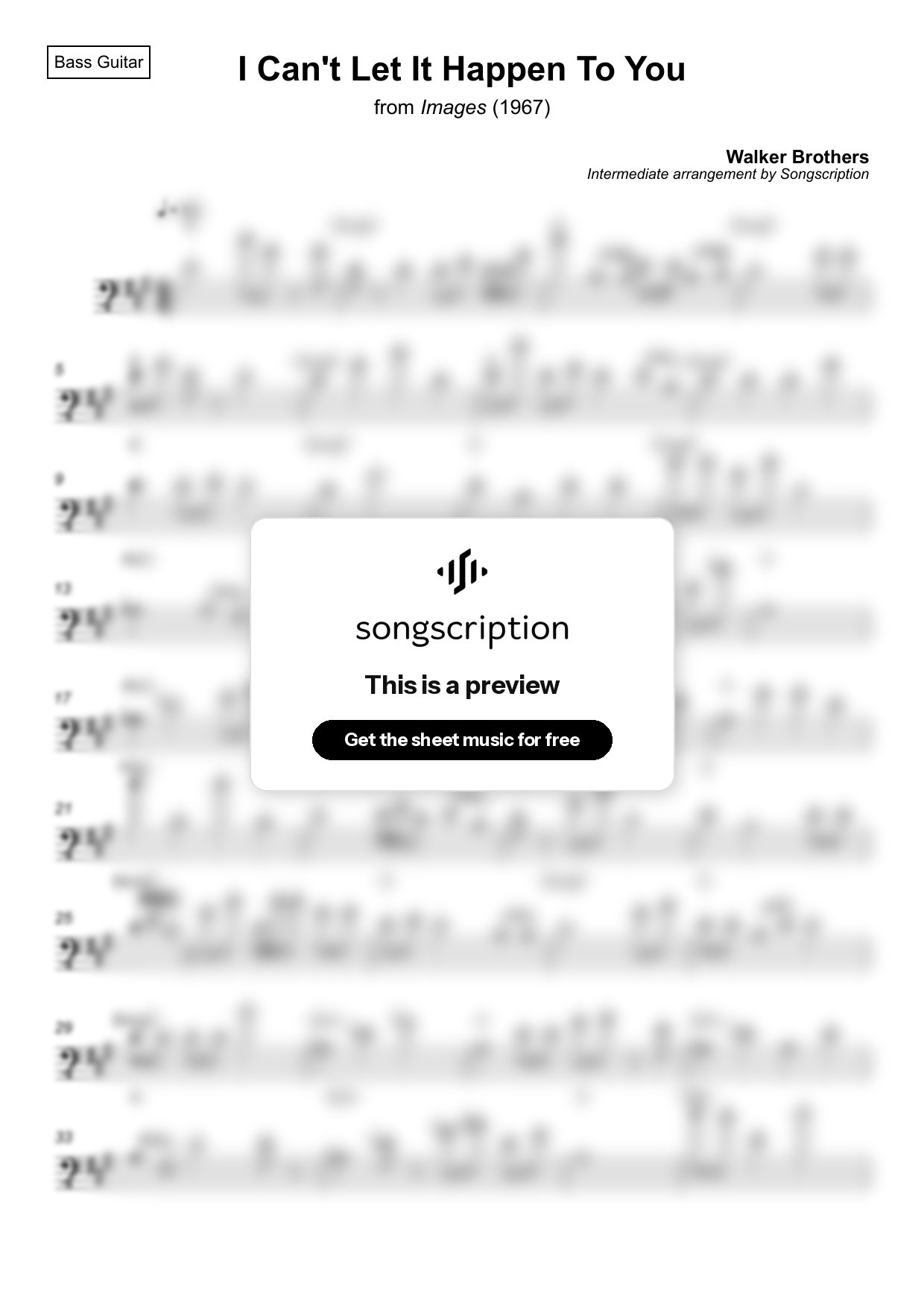 Intermediate Bass Guitar Sheet Music for "I Can't Let It Happen To You" by Walker Brothers