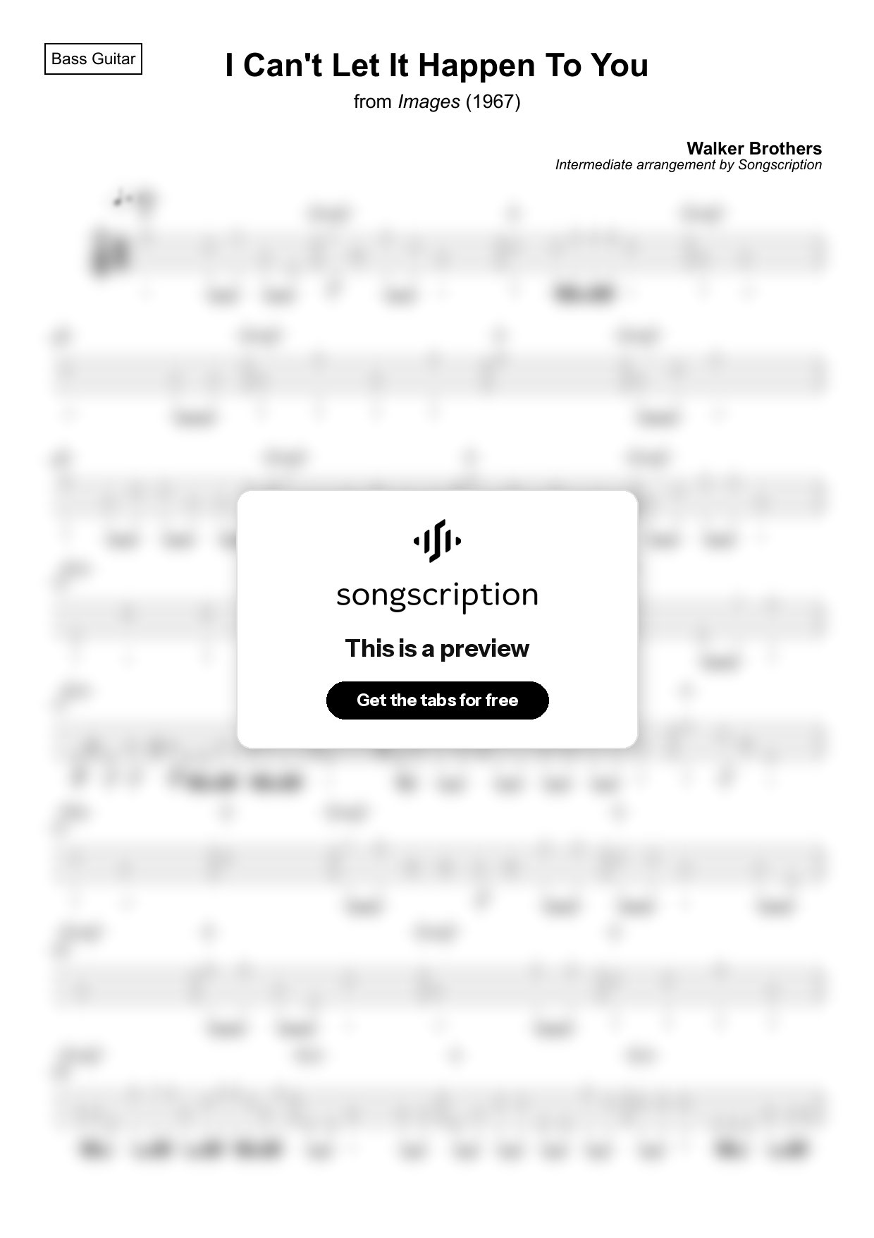 Intermediate Bass Guitar Tabs for "I Can't Let It Happen To You" by Walker Brothers