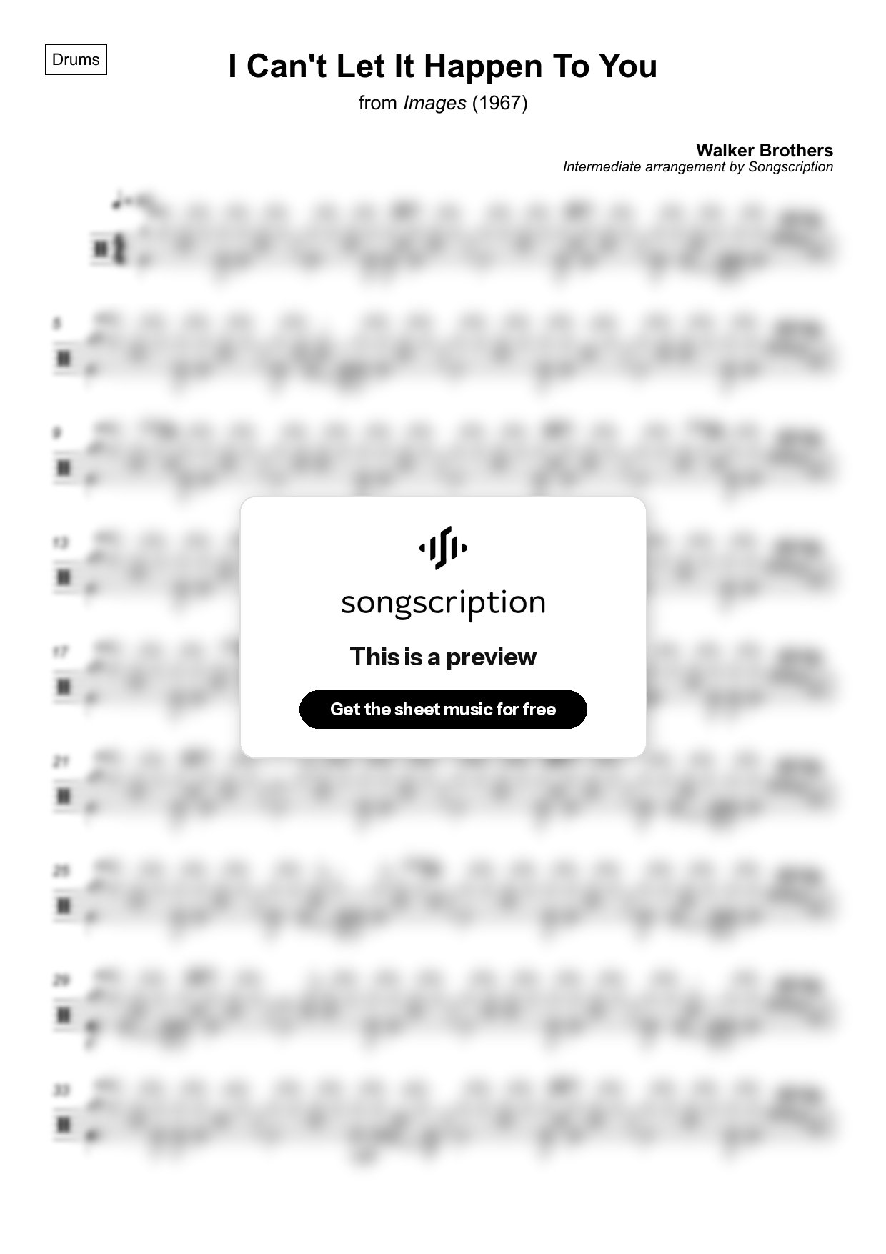 Intermediate Drums Sheet Music for "I Can't Let It Happen To You" by Walker Brothers