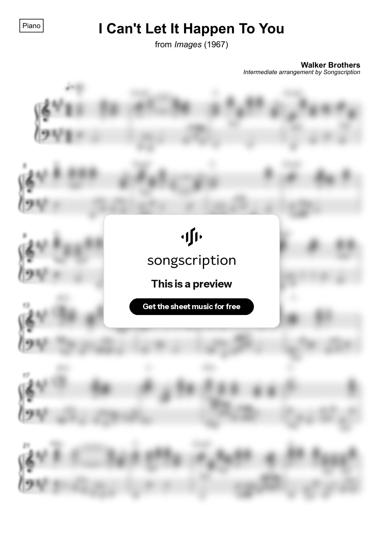 Intermediate Piano Sheet Music for "I Can't Let It Happen To You" by Walker Brothers