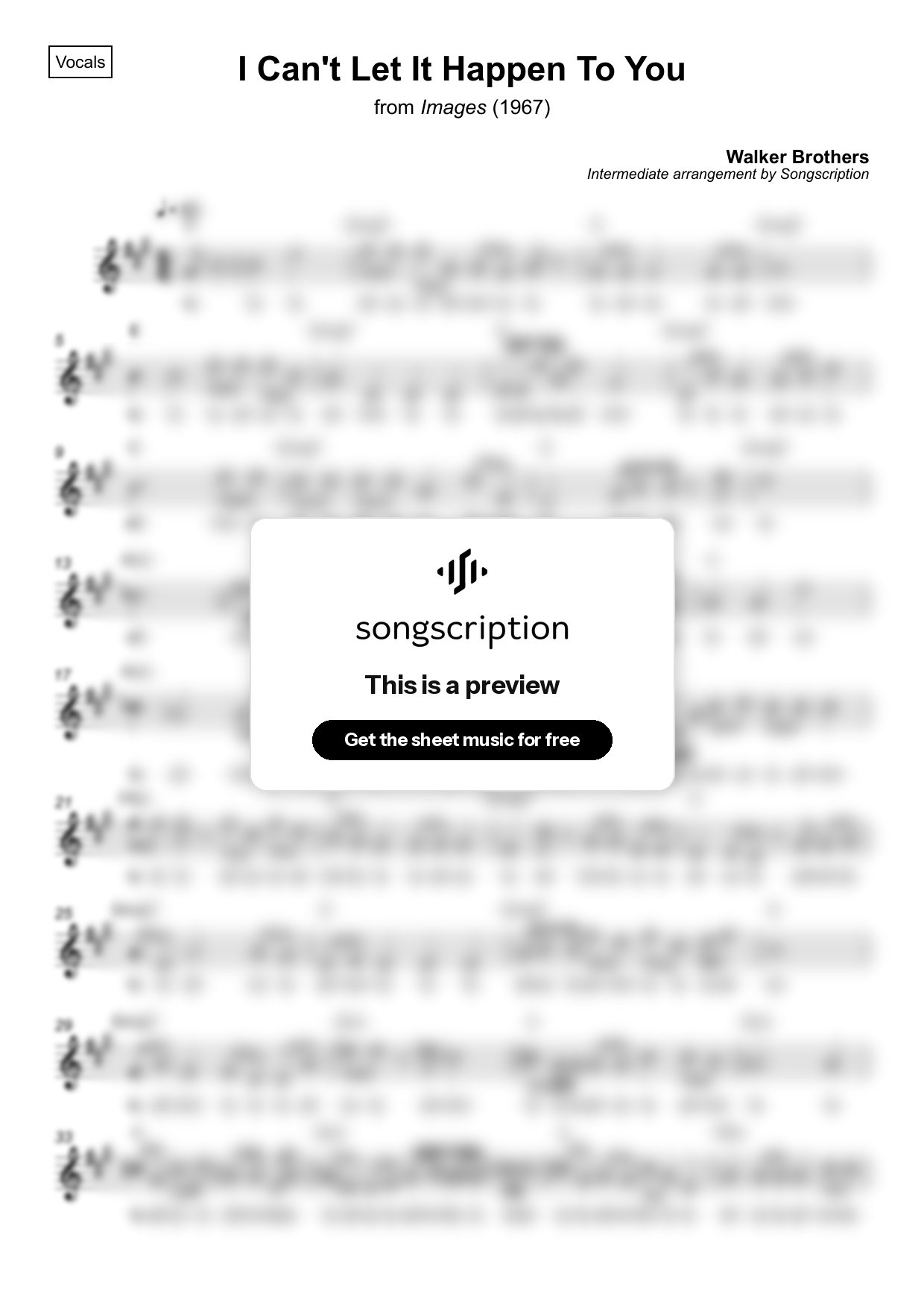 Intermediate Vocals Sheet Music for "I Can't Let It Happen To You" by Walker Brothers