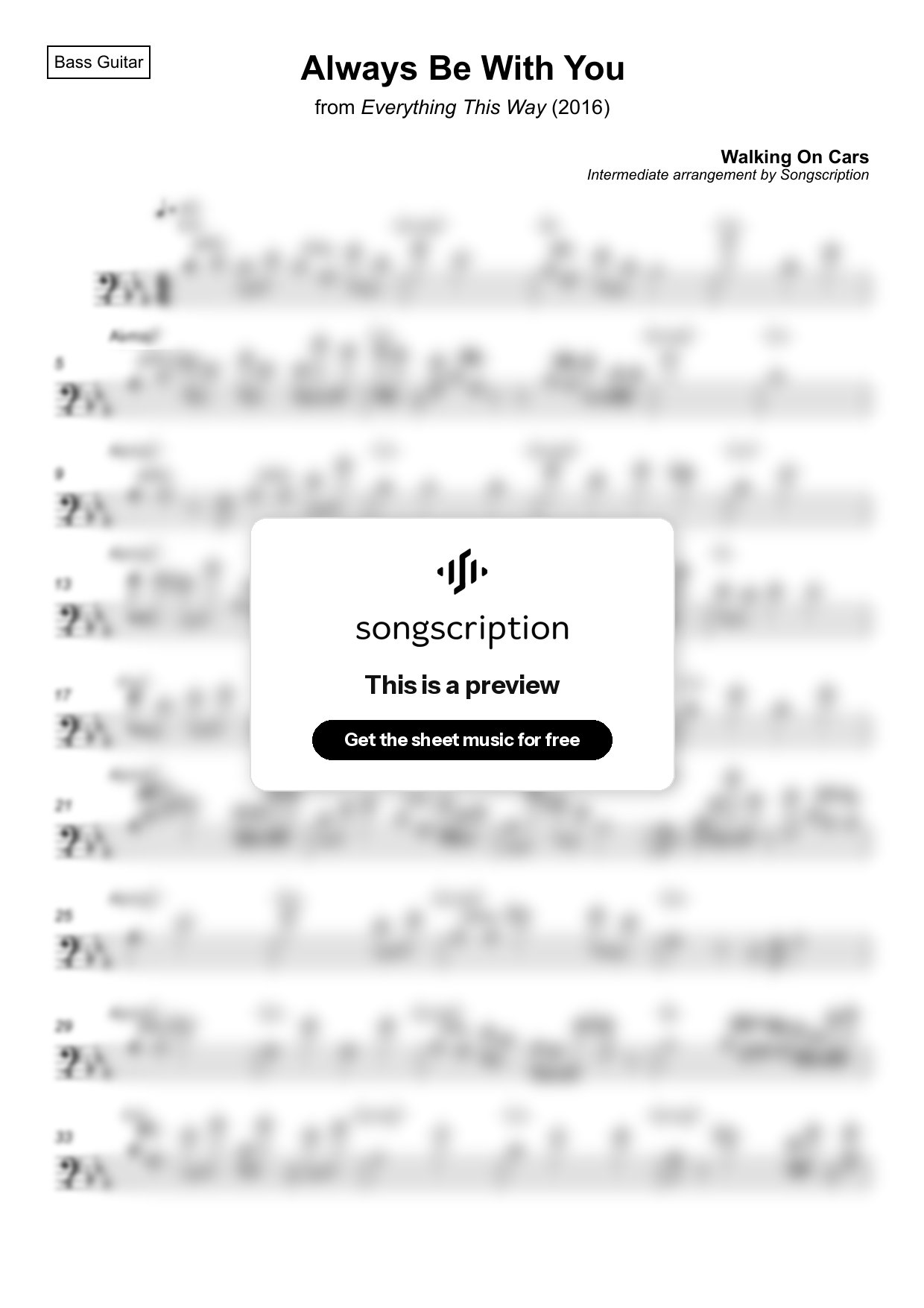 Intermediate Bass Guitar Sheet Music for "Always Be With You" by Walking On Cars