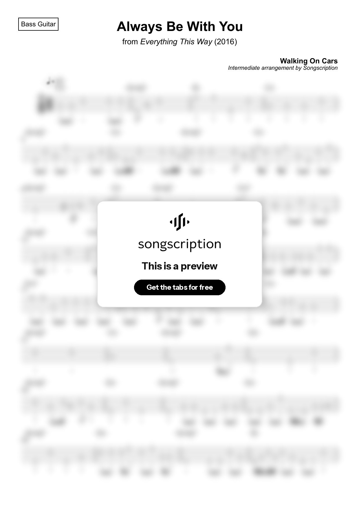 Intermediate Bass Guitar Tabs for "Always Be With You" by Walking On Cars