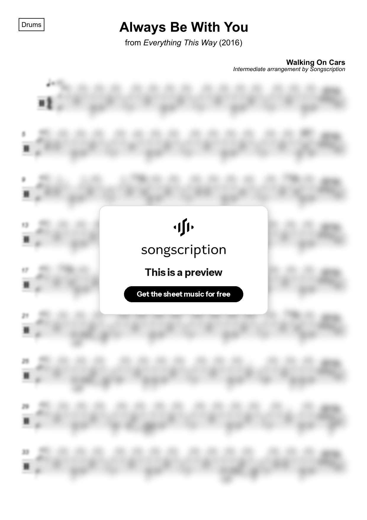 Intermediate Drums Sheet Music for "Always Be With You" by Walking On Cars