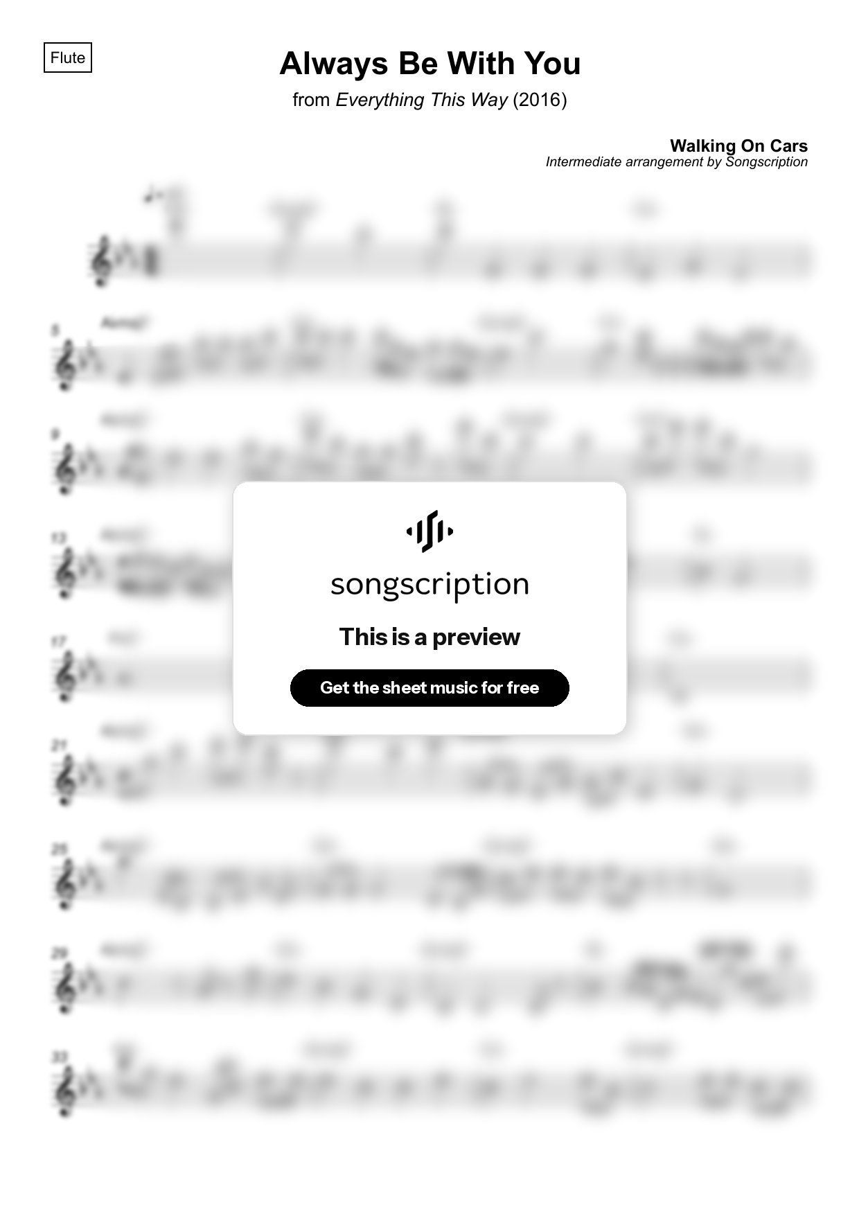 Intermediate Flute Sheet Music for "Always Be With You" by Walking On Cars