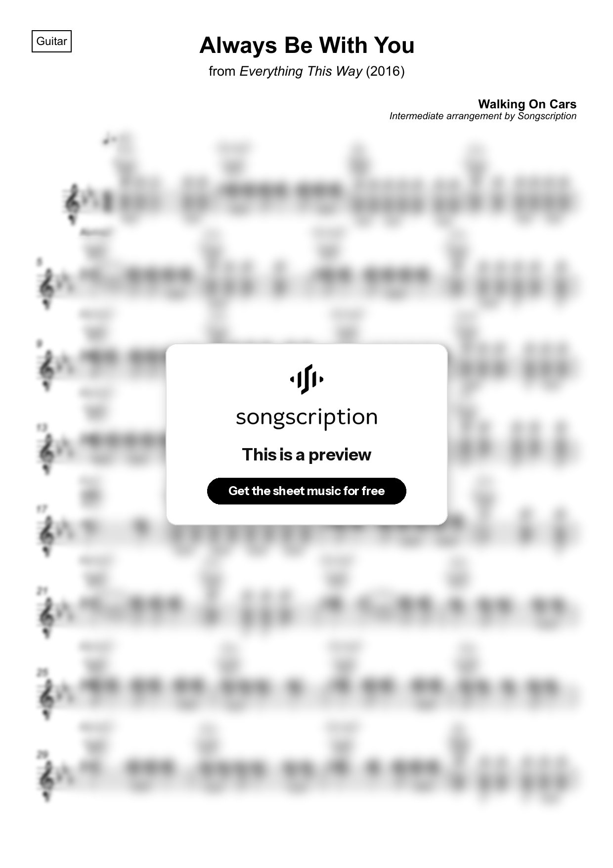 Intermediate Acoustic Guitar Sheet Music for "Always Be With You" by Walking On Cars