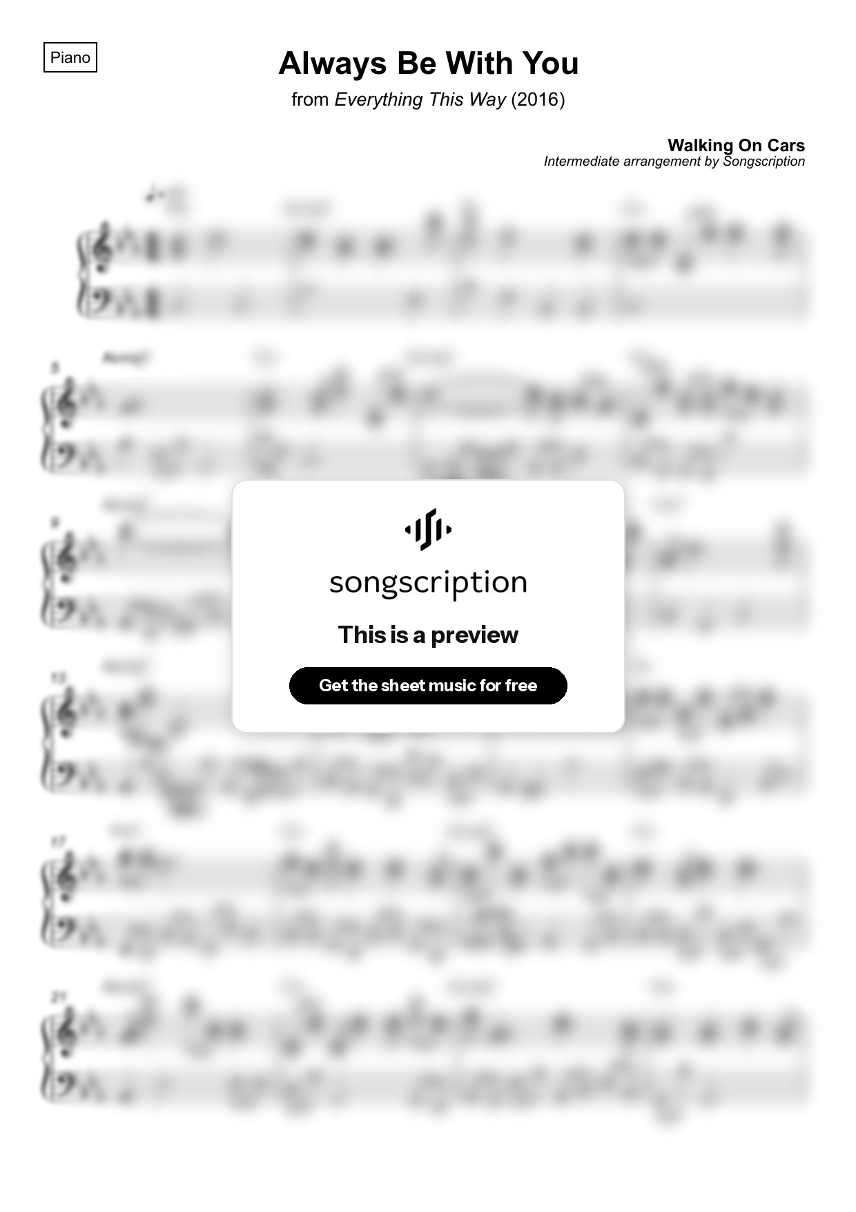 Intermediate Piano Sheet Music for "Always Be With You" by Walking On Cars