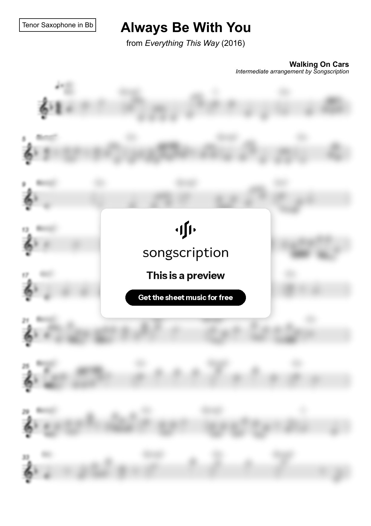 Intermediate Tenor Sax Sheet Music for "Always Be With You" by Walking On Cars