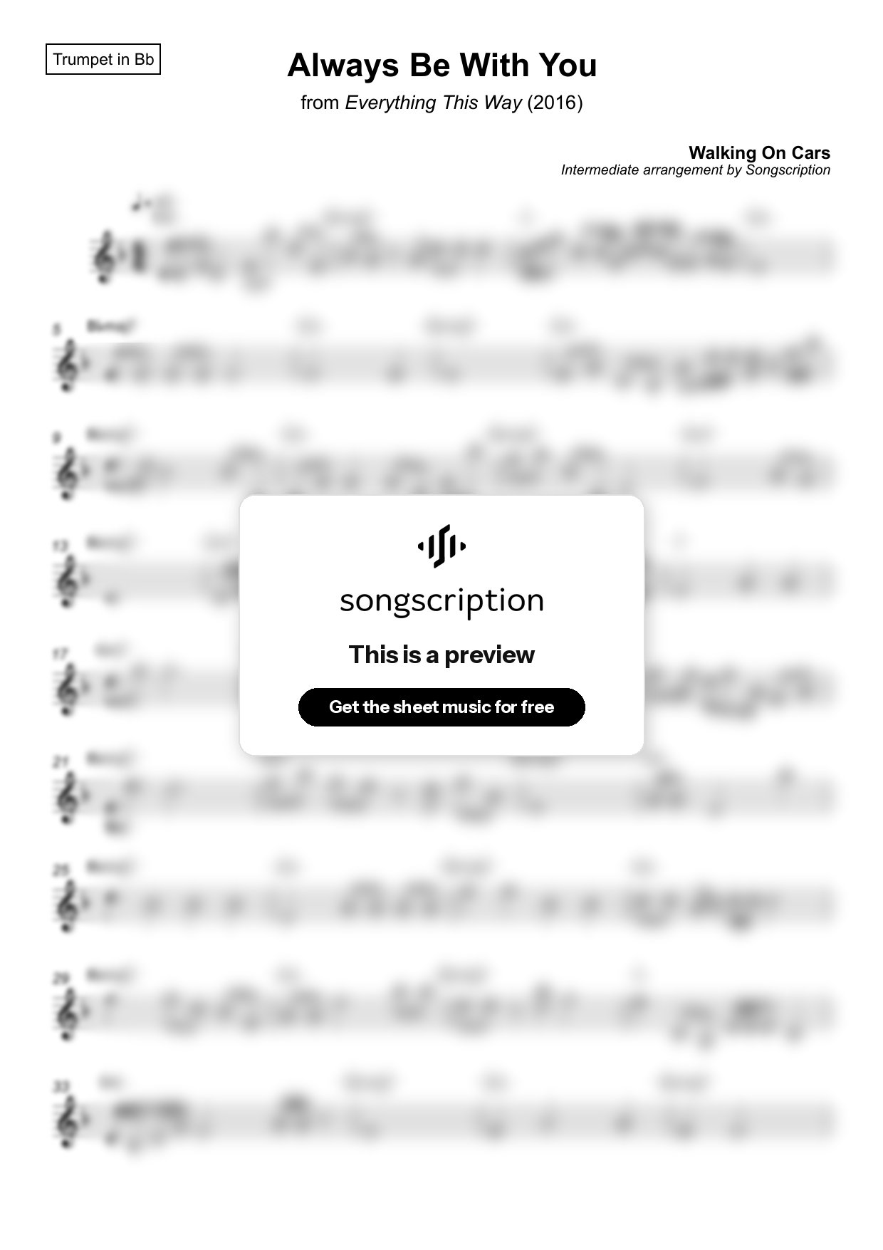 Intermediate Trumpet Sheet Music for "Always Be With You" by Walking On Cars