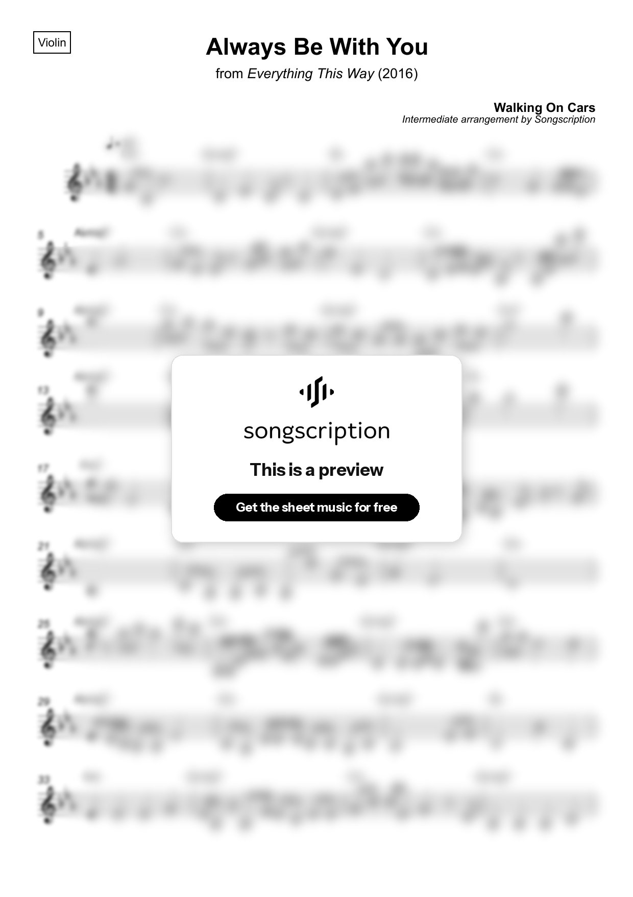 Intermediate Violin Sheet Music for "Always Be With You" by Walking On Cars