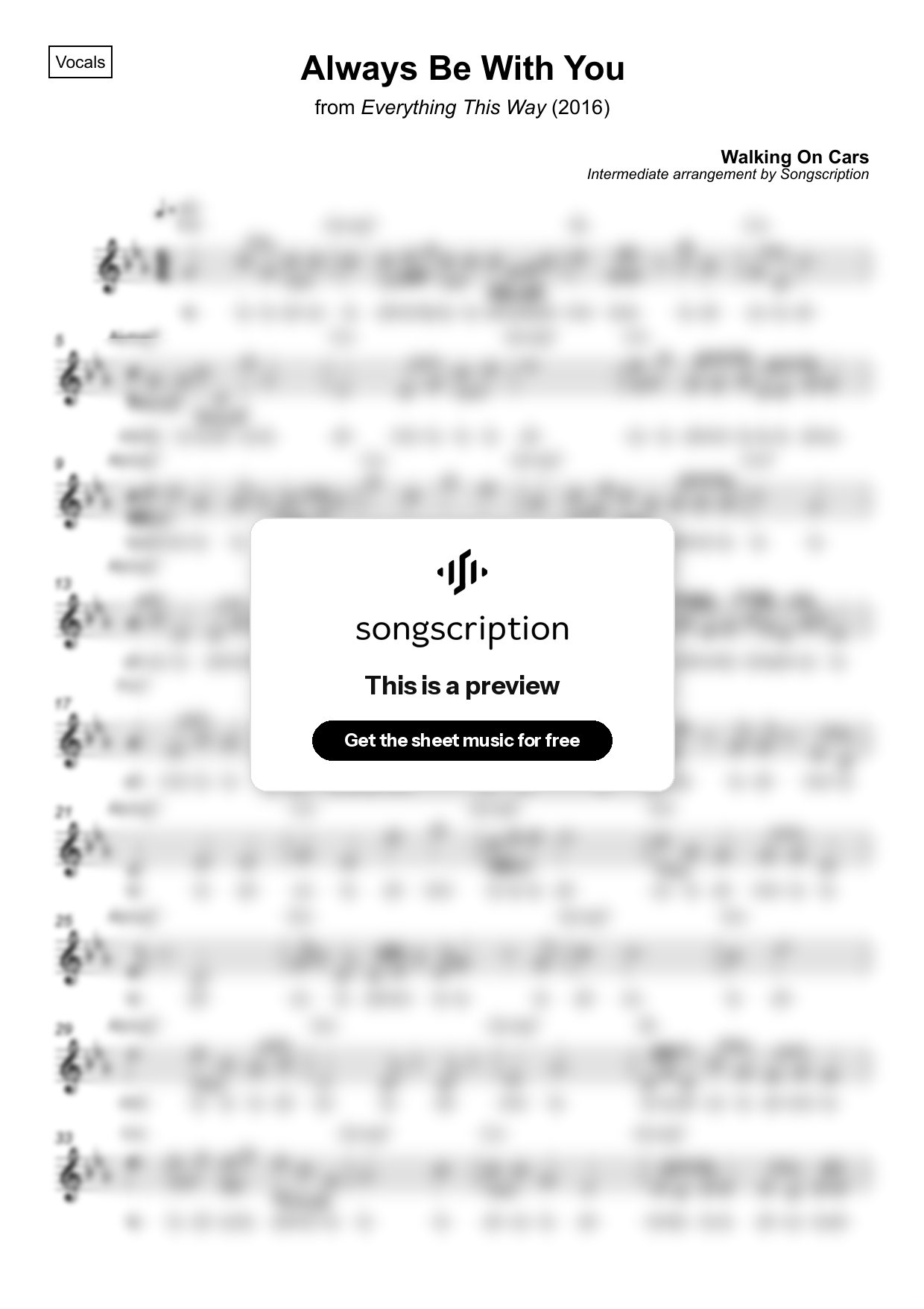Intermediate Vocals Sheet Music for "Always Be With You" by Walking On Cars