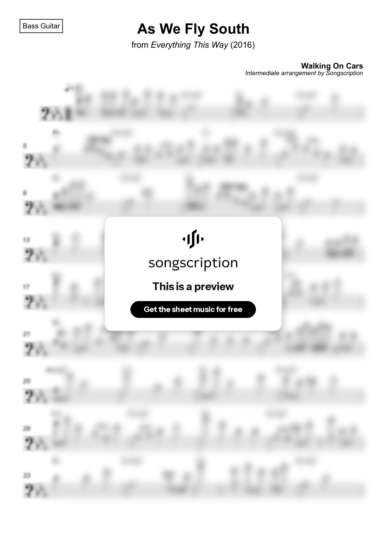 Intermediate Bass Guitar Sheet Music for "As We Fly South" by Walking On Cars