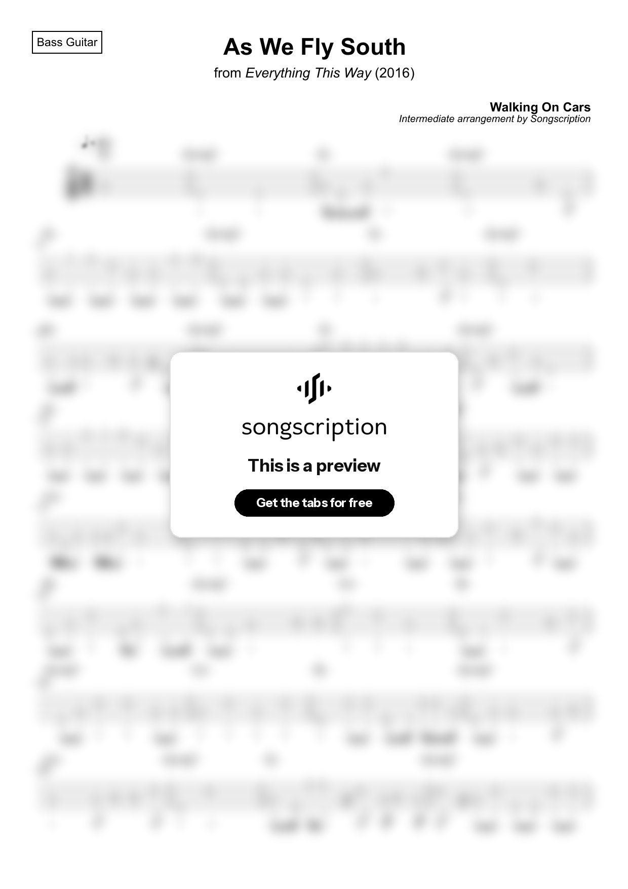 Intermediate Bass Guitar Tabs for "As We Fly South" by Walking On Cars