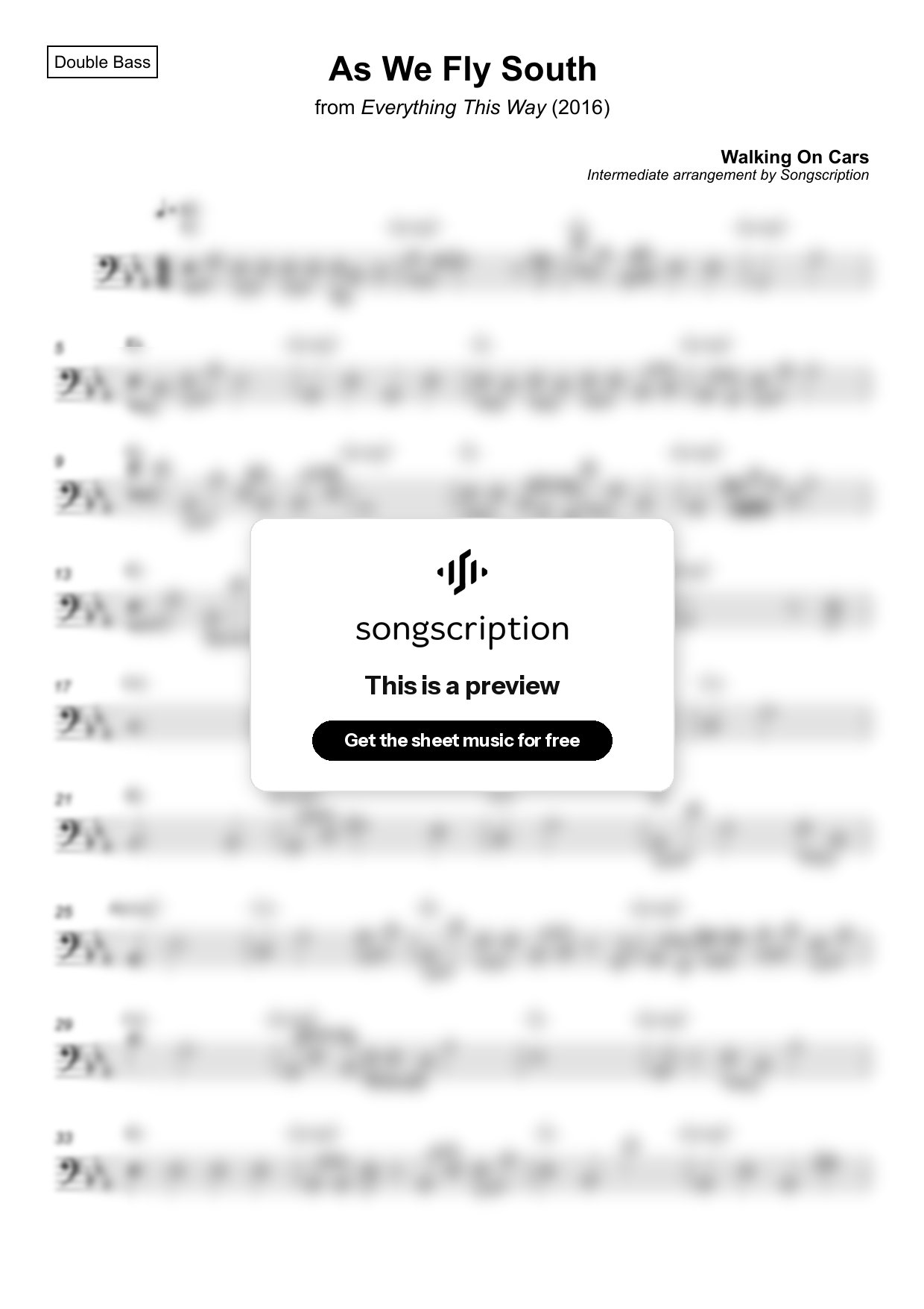 Intermediate Double Bass Sheet Music for "As We Fly South" by Walking On Cars