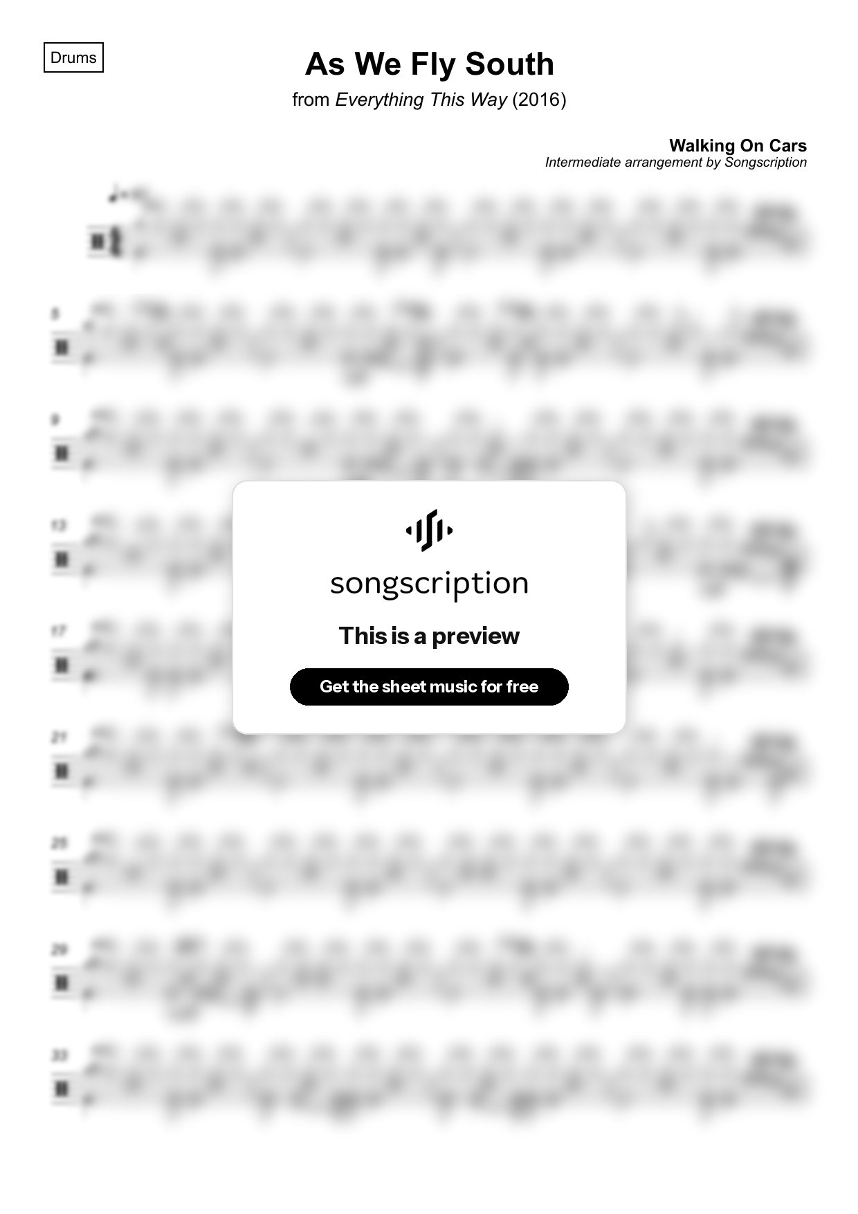 Intermediate Drums Sheet Music for "As We Fly South" by Walking On Cars