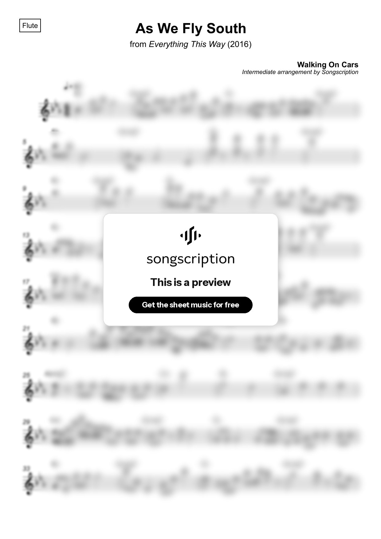 Intermediate Flute Sheet Music for "As We Fly South" by Walking On Cars