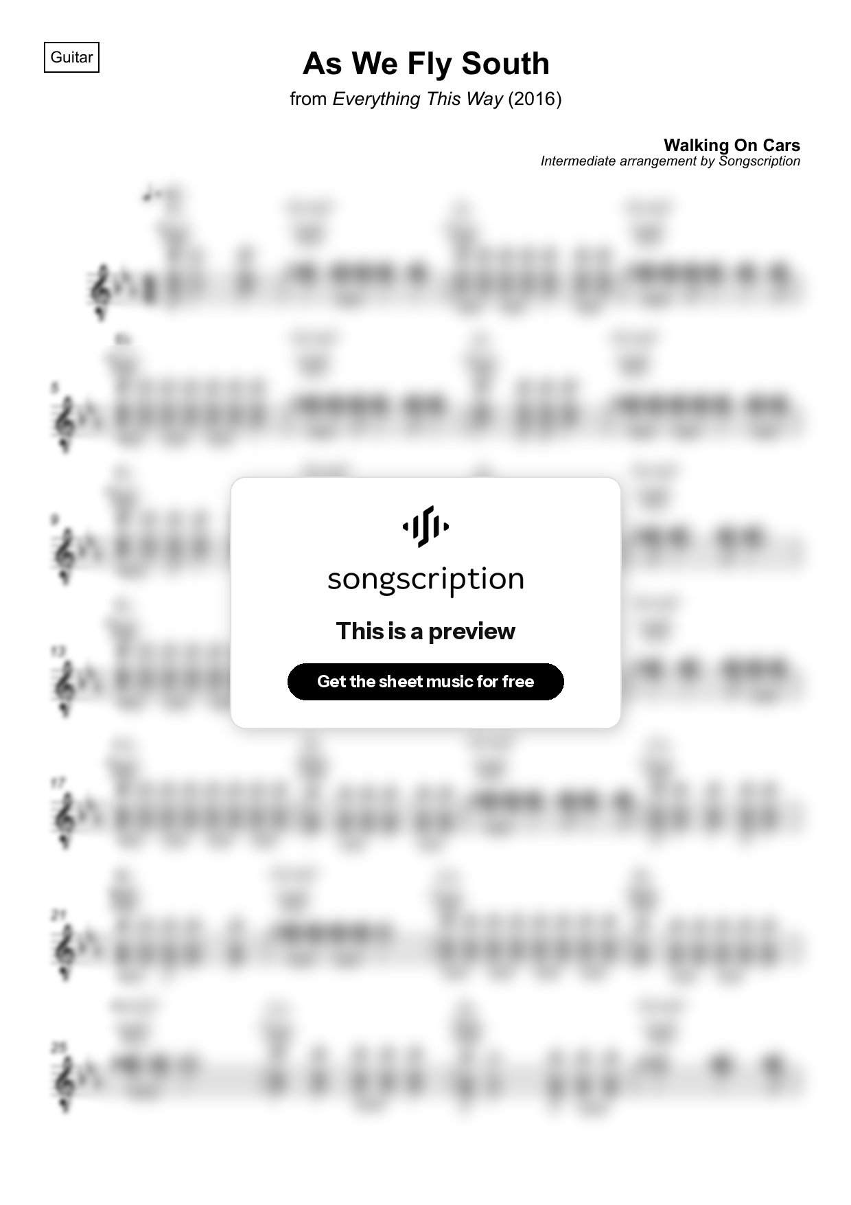 Intermediate Acoustic Guitar Sheet Music for "As We Fly South" by Walking On Cars