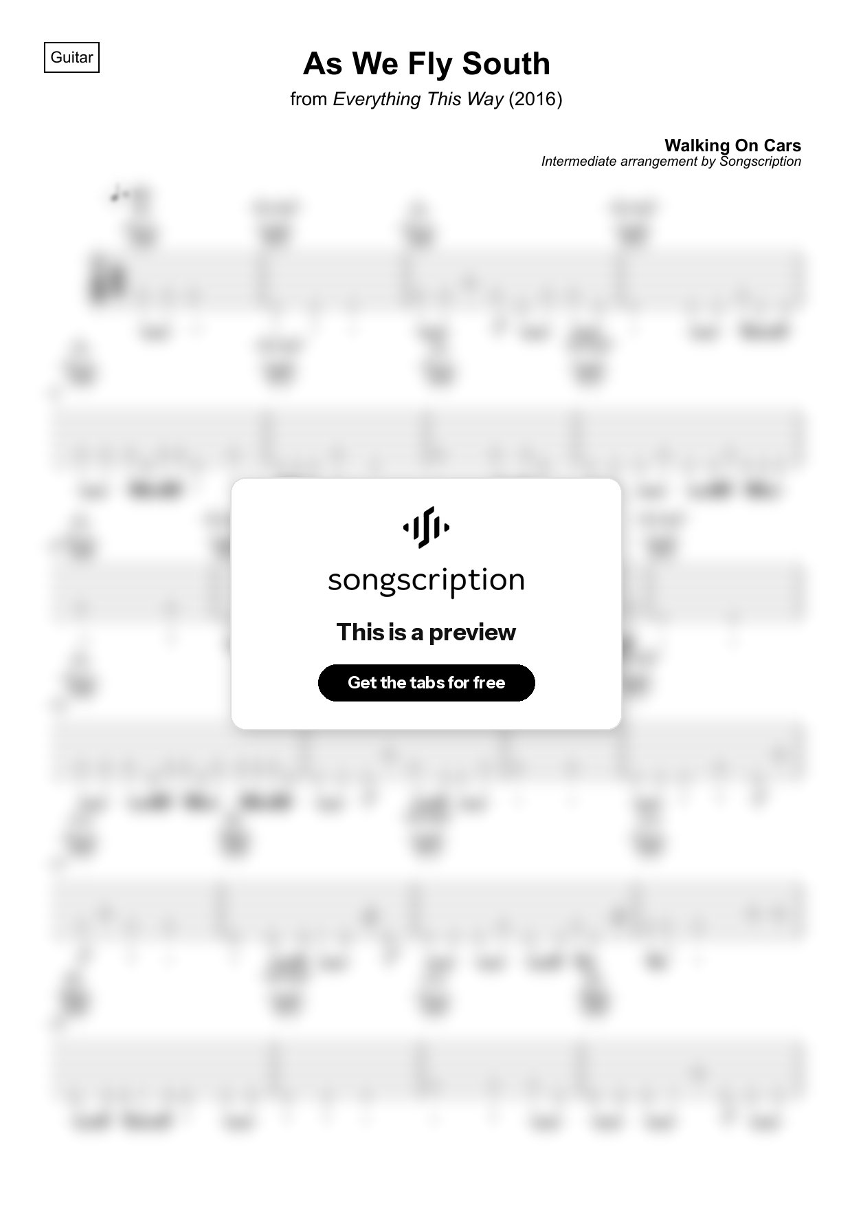 Intermediate Acoustic Guitar Tabs for "As We Fly South" by Walking On Cars