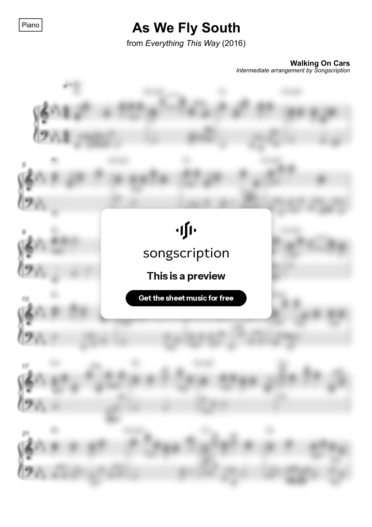 Intermediate Piano Sheet Music for "As We Fly South" by Walking On Cars
