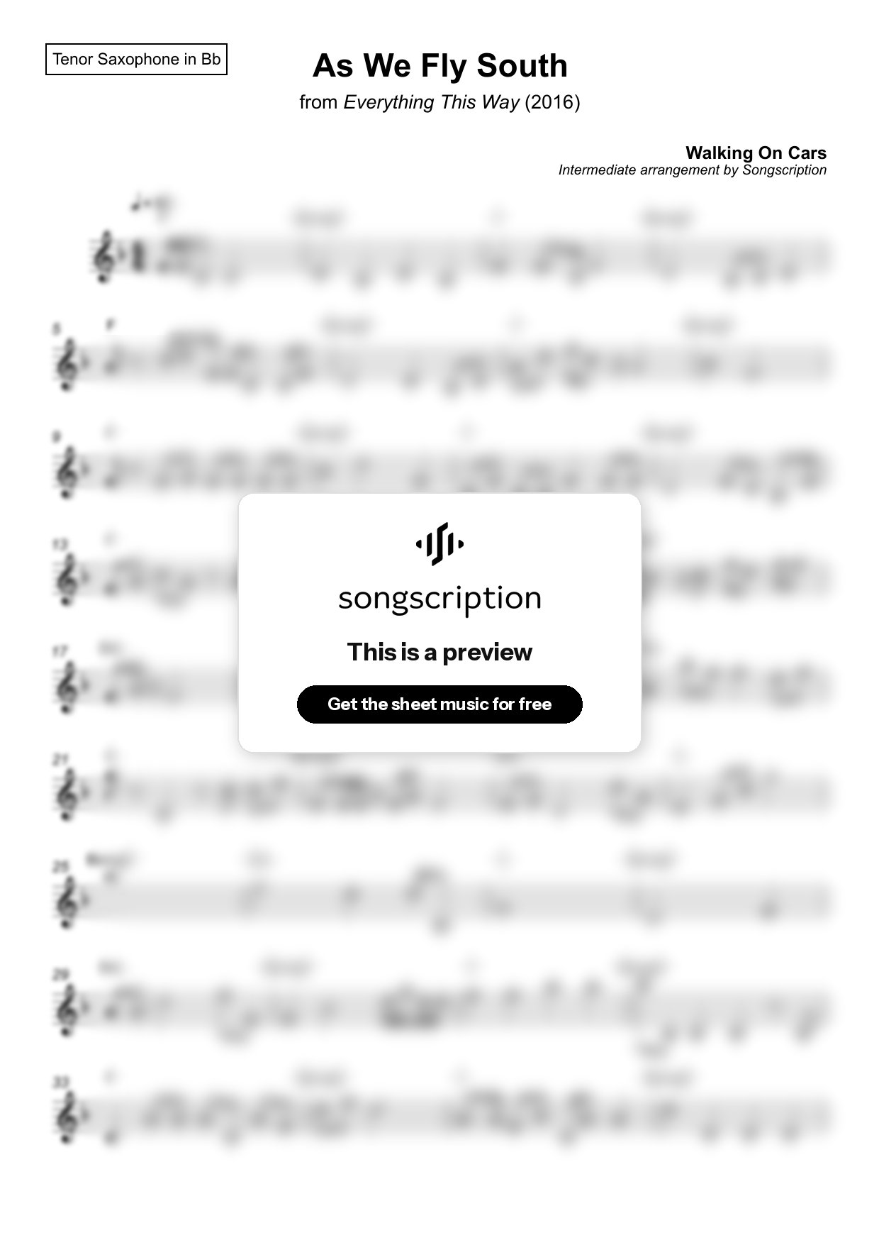 Intermediate Tenor Sax Sheet Music for "As We Fly South" by Walking On Cars
