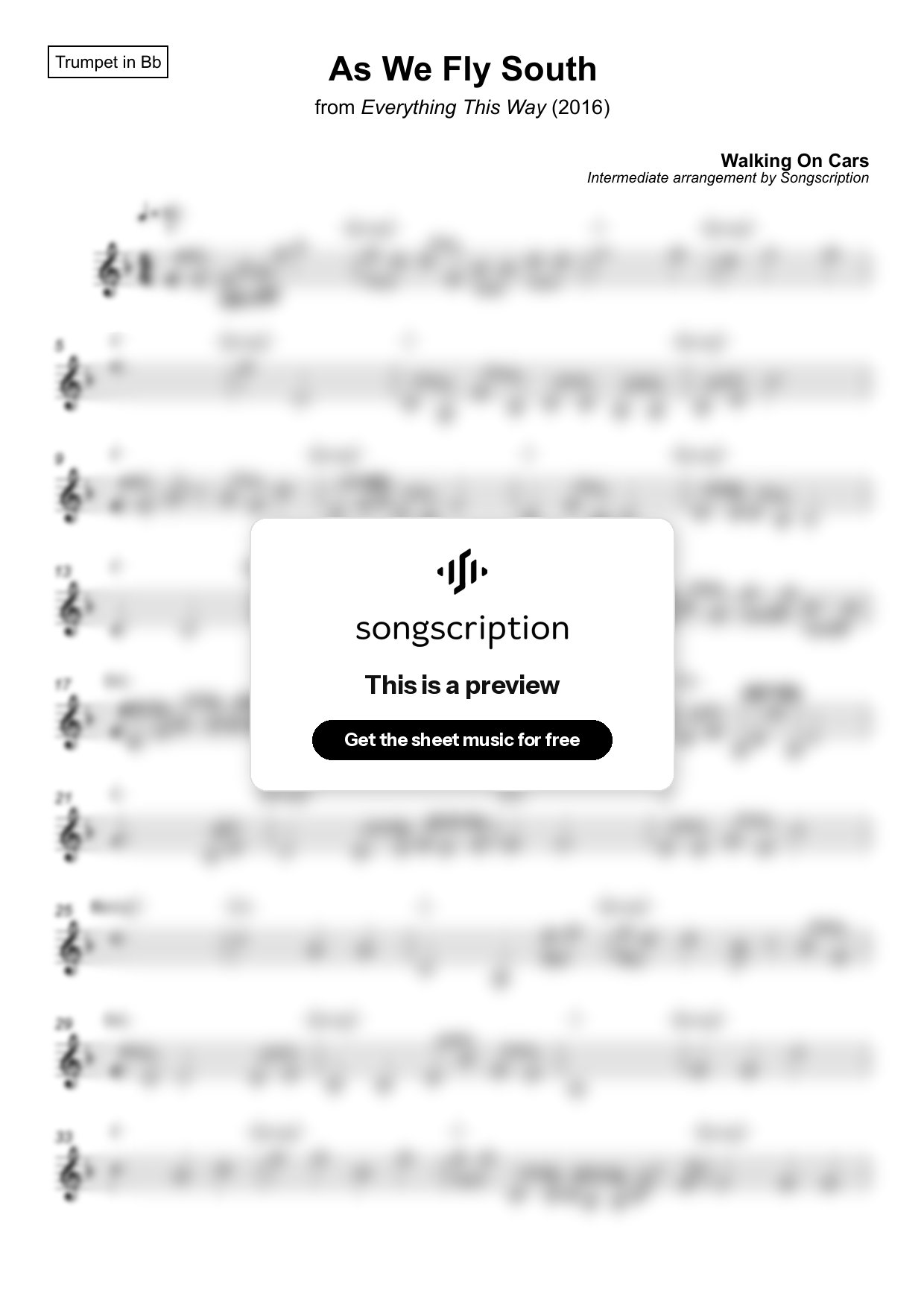Intermediate Trumpet Sheet Music for "As We Fly South" by Walking On Cars