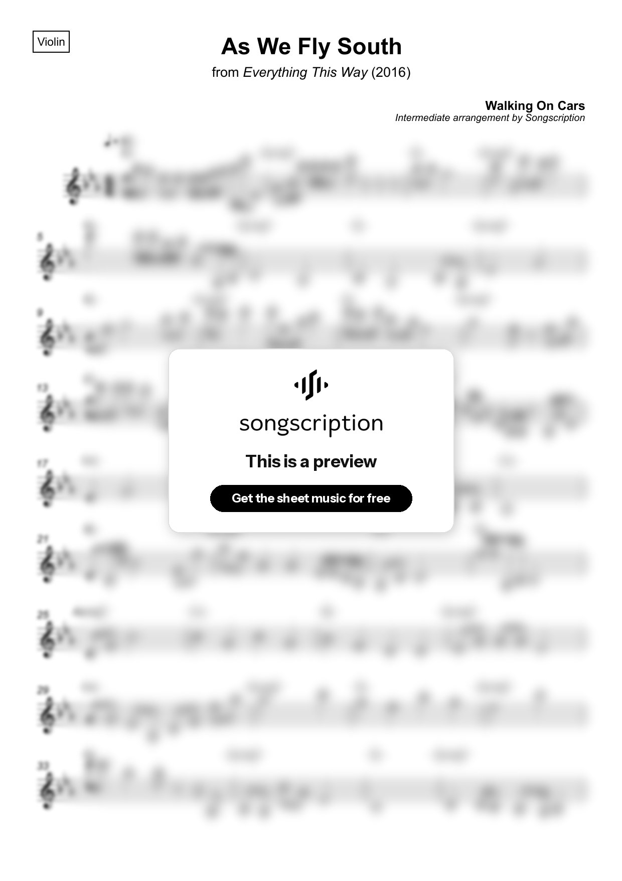 Intermediate Violin Sheet Music for "As We Fly South" by Walking On Cars