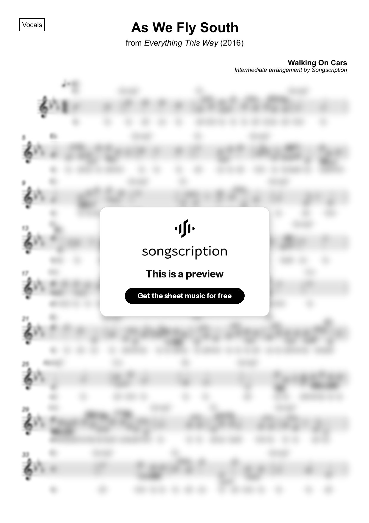 Intermediate Vocals Sheet Music for "As We Fly South" by Walking On Cars