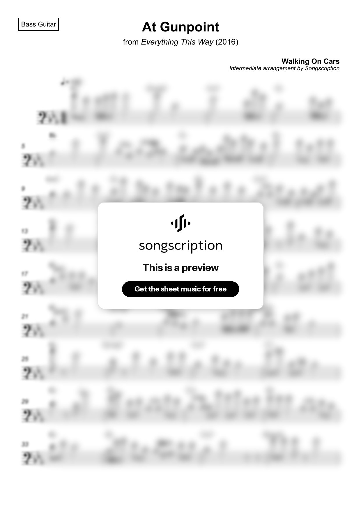 Intermediate Bass Guitar Sheet Music for "At Gunpoint" by Walking On Cars