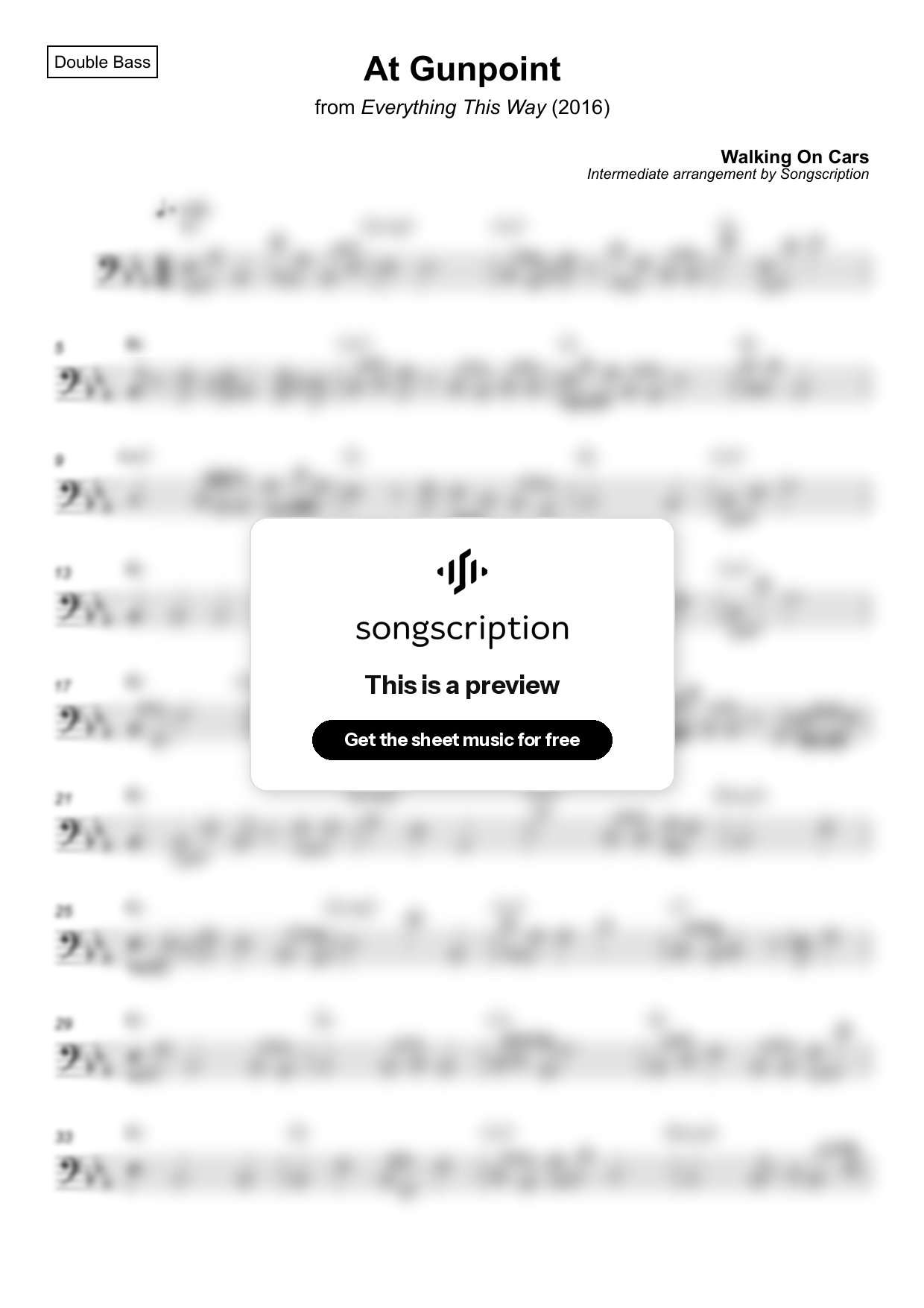 Intermediate Double Bass Sheet Music for "At Gunpoint" by Walking On Cars