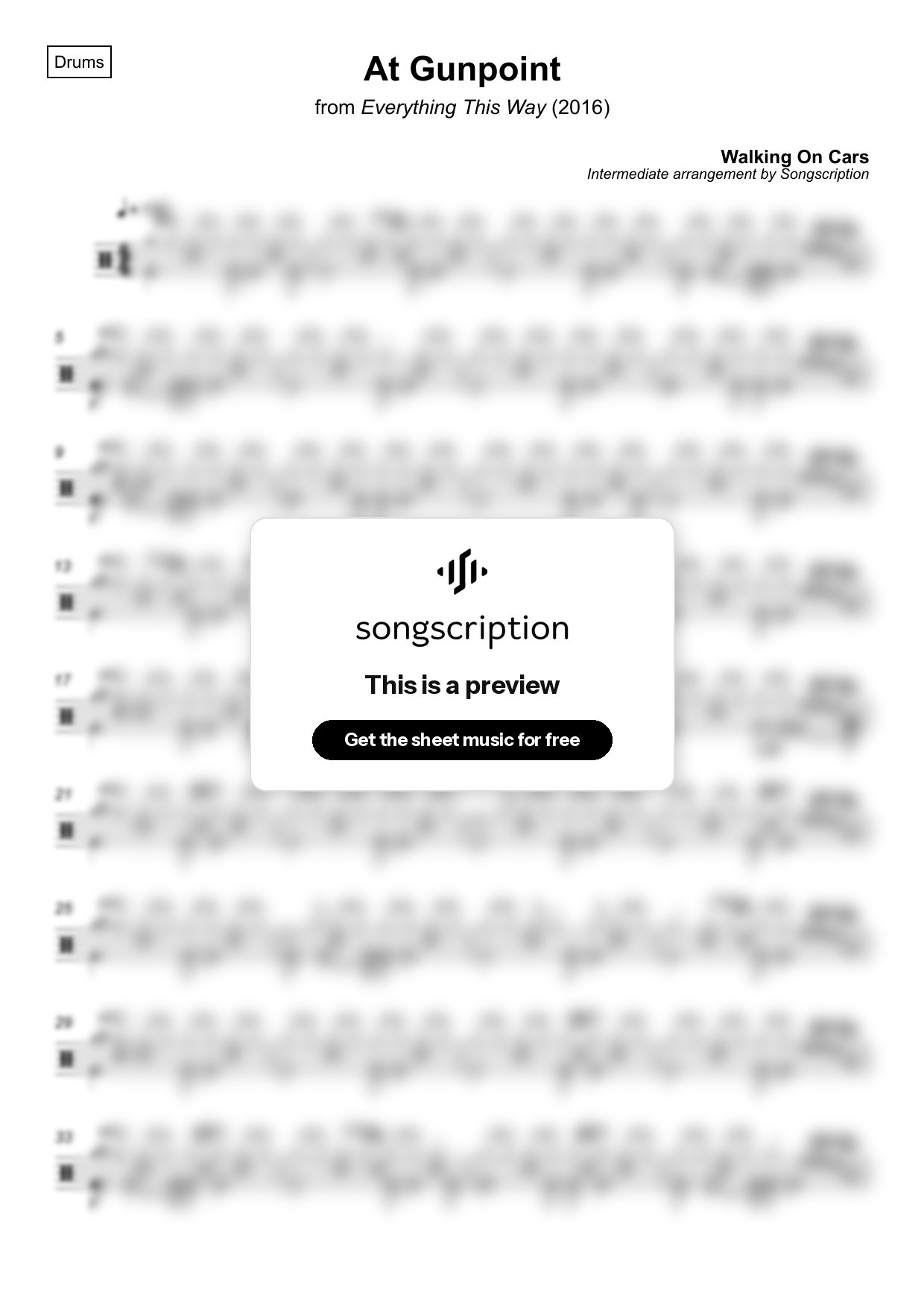 Intermediate Drums Sheet Music for "At Gunpoint" by Walking On Cars
