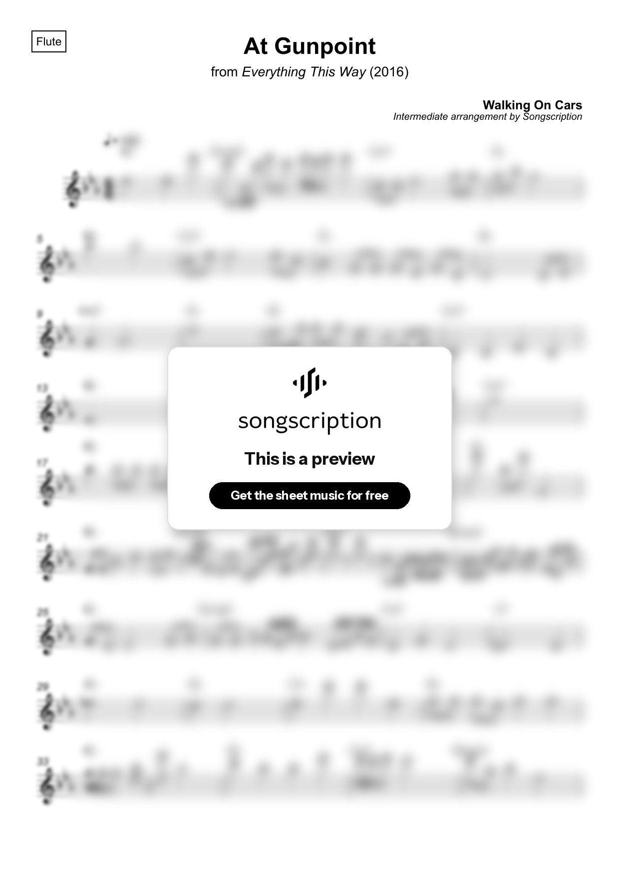 Intermediate Flute Sheet Music for "At Gunpoint" by Walking On Cars