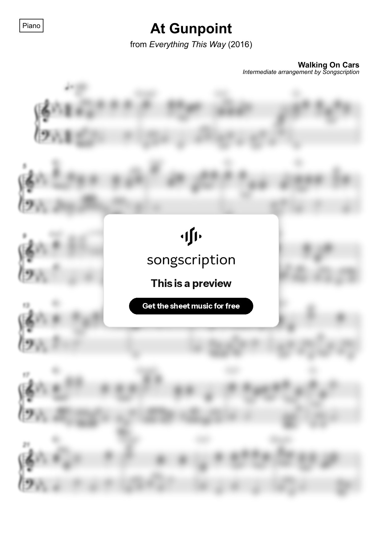 Intermediate Piano Sheet Music for "At Gunpoint" by Walking On Cars