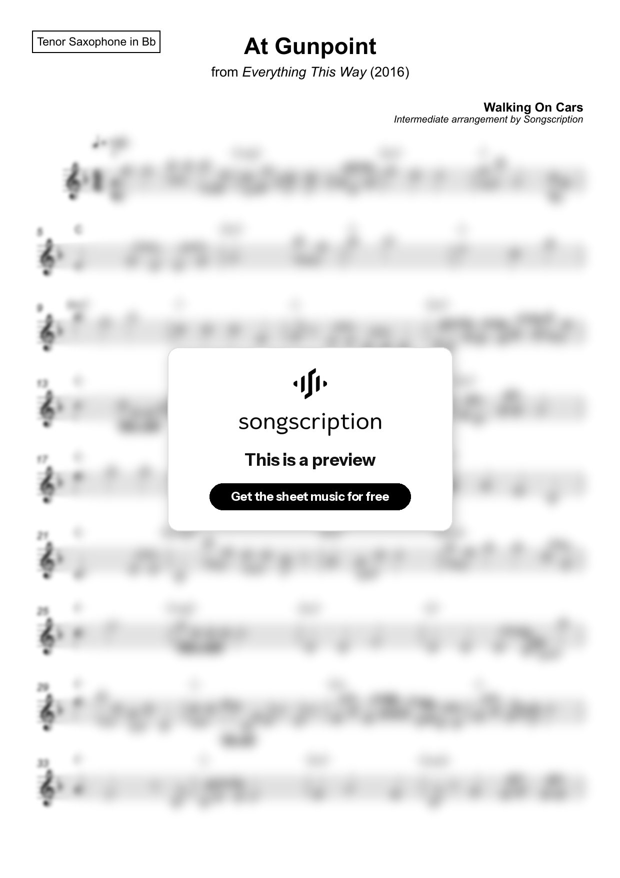Intermediate Tenor Sax Sheet Music for "At Gunpoint" by Walking On Cars