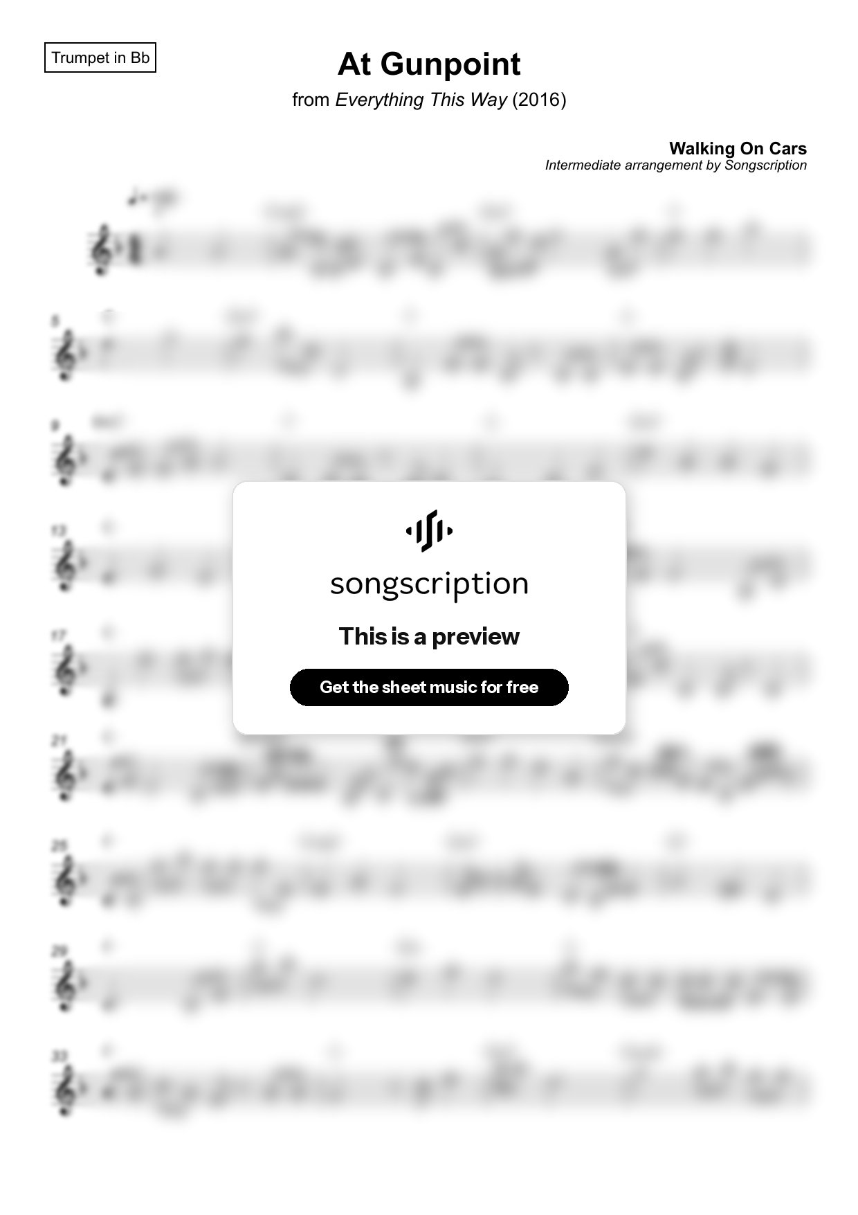 Intermediate Trumpet Sheet Music for "At Gunpoint" by Walking On Cars