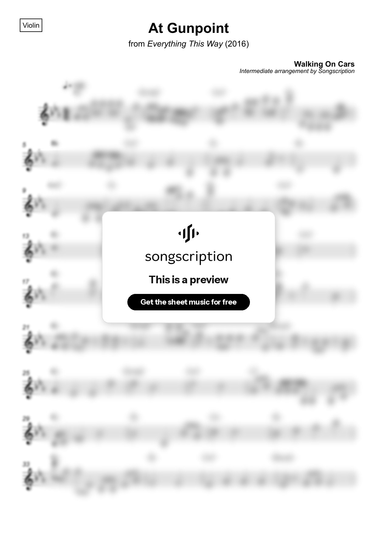 Intermediate Violin Sheet Music for "At Gunpoint" by Walking On Cars