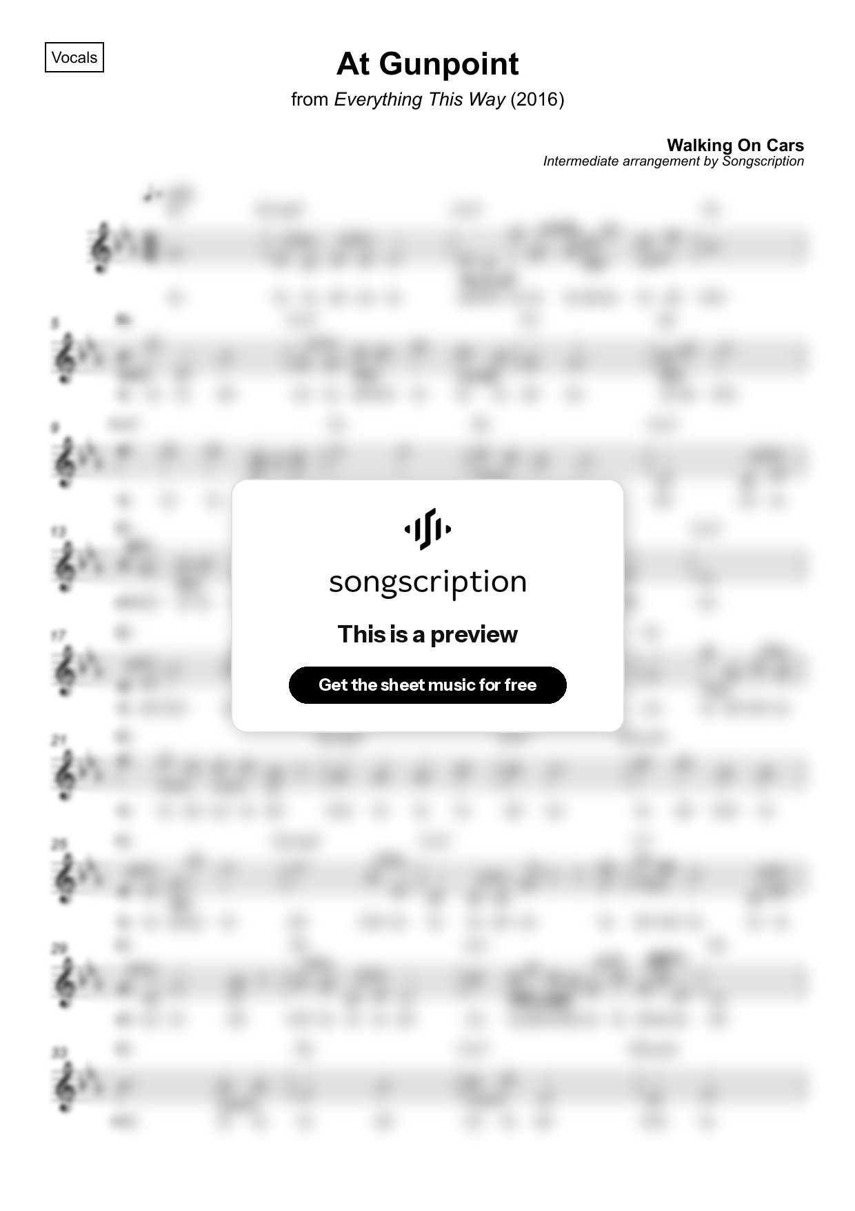 Intermediate Vocals Sheet Music for "At Gunpoint" by Walking On Cars