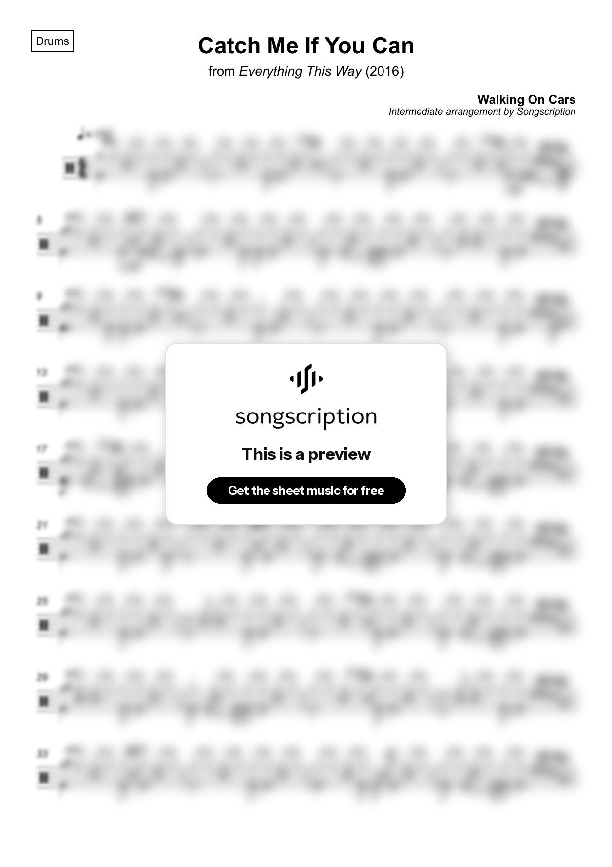 Intermediate Drums Sheet Music for "Catch Me If You Can" by Walking On Cars